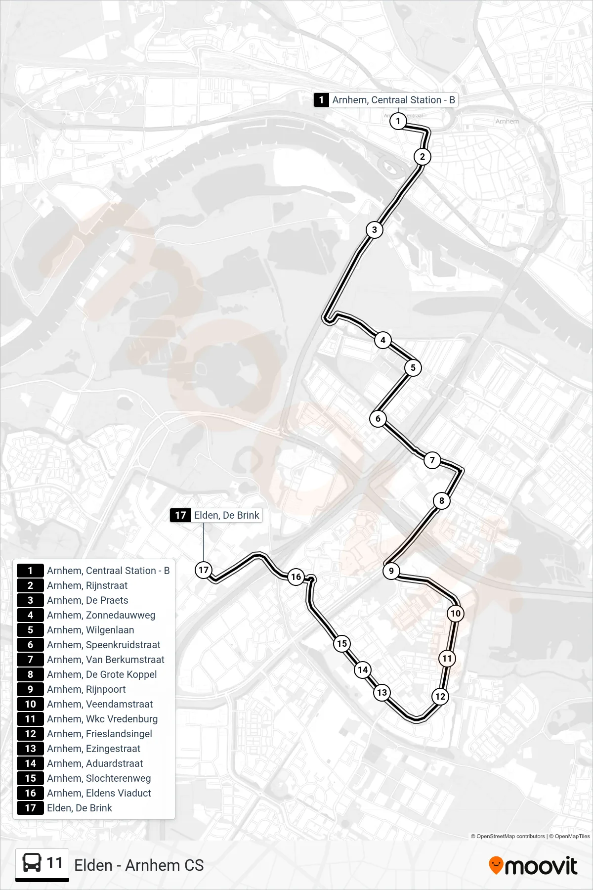 11 bus Line (Elden De Brink) route and stops on a map