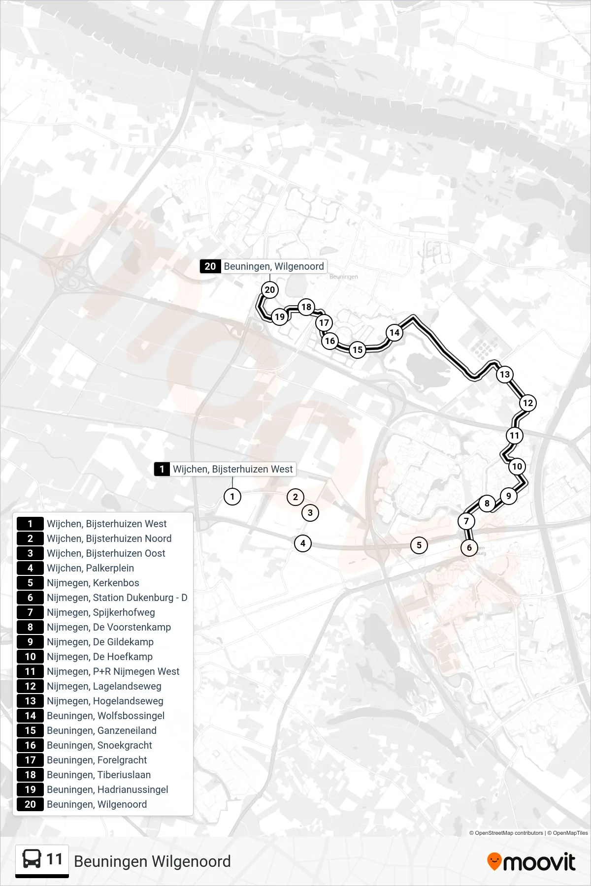 Lijn 11 (bus, Beuningen Wilgenoord): route en haltes op de kaart