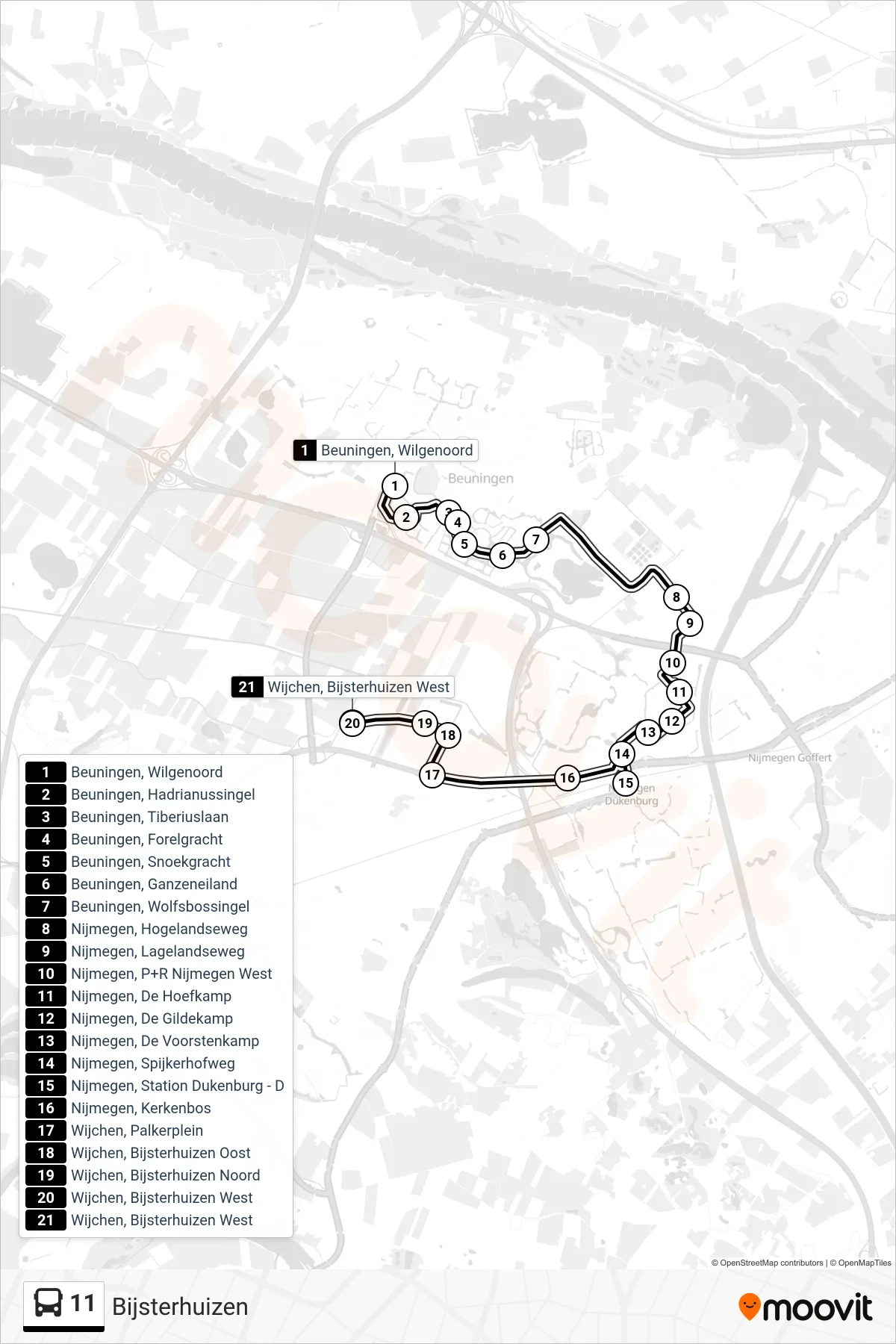 Lijn 11 (bus, Bijsterhuizen): route en haltes op de kaart