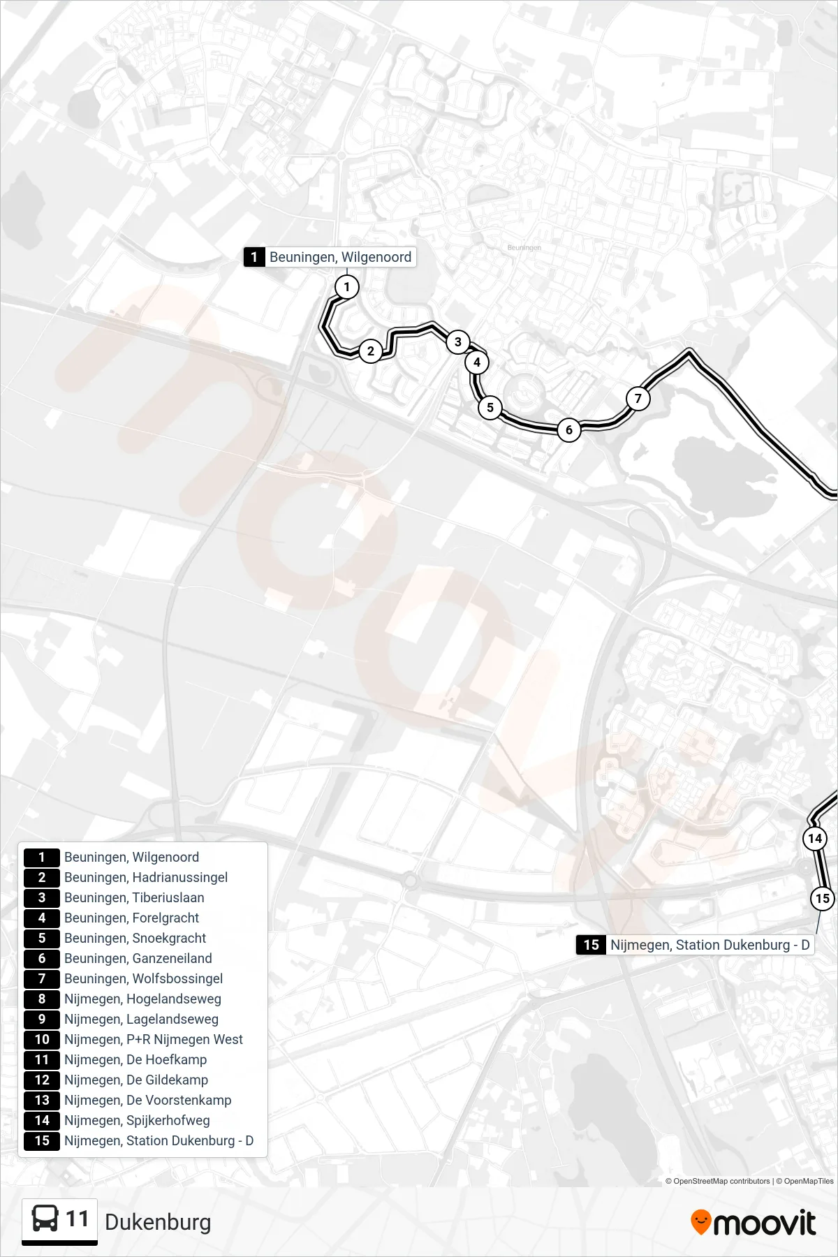Lijn 11 (bus, Dukenburg): route en haltes op de kaart