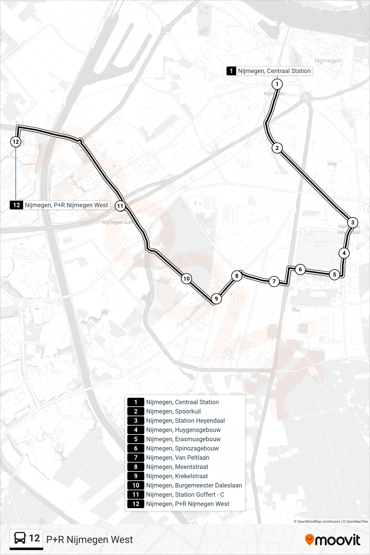 Lijn 12 (bus, P+R Nijmegen West): route en haltes op de kaart