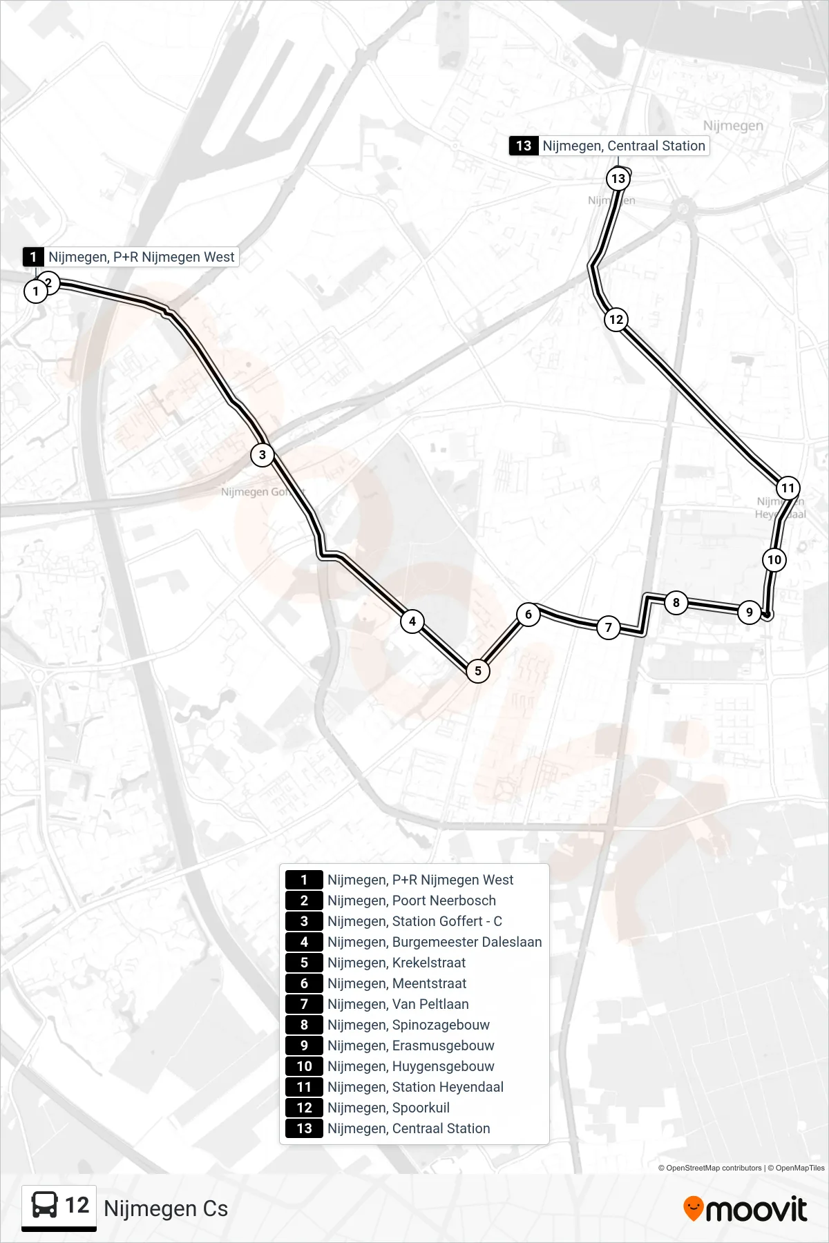 Lijn 12 (bus, Nijmegen Cs): route en haltes op de kaart