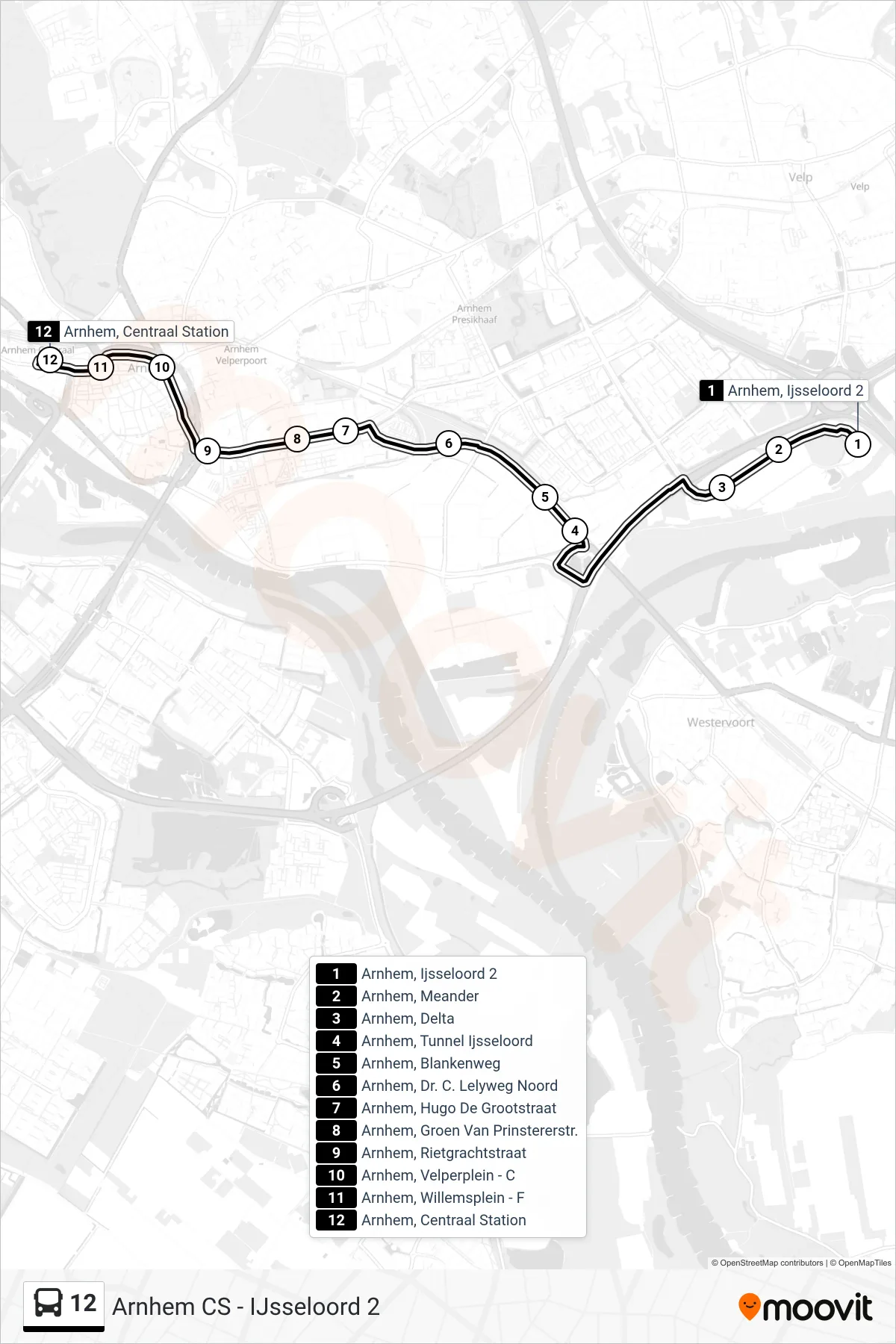 Lijn 12 (bus, Centraal Station): route en haltes op de kaart