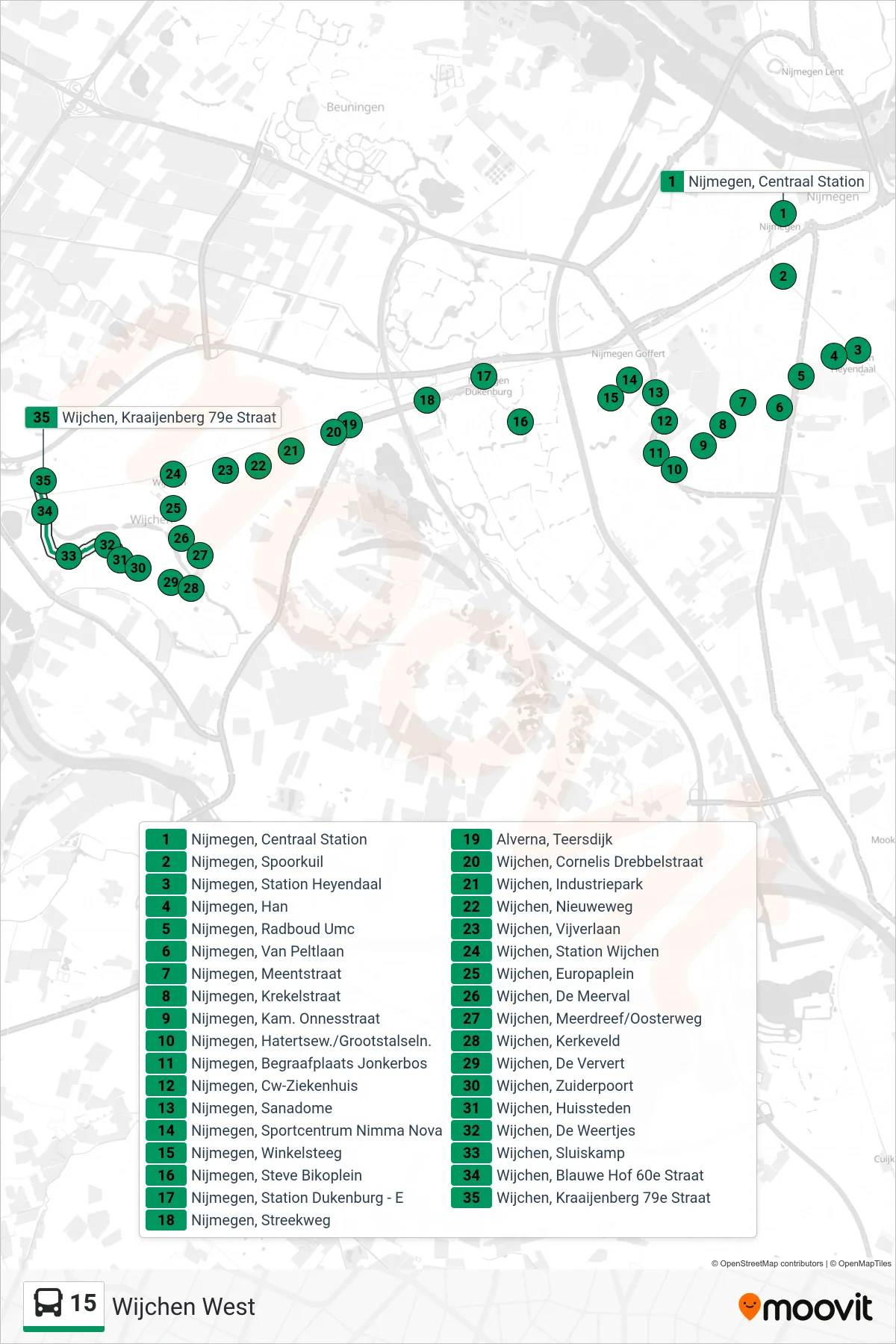 Lijn 15 (bus, Wijchen West): route en haltes op de kaart