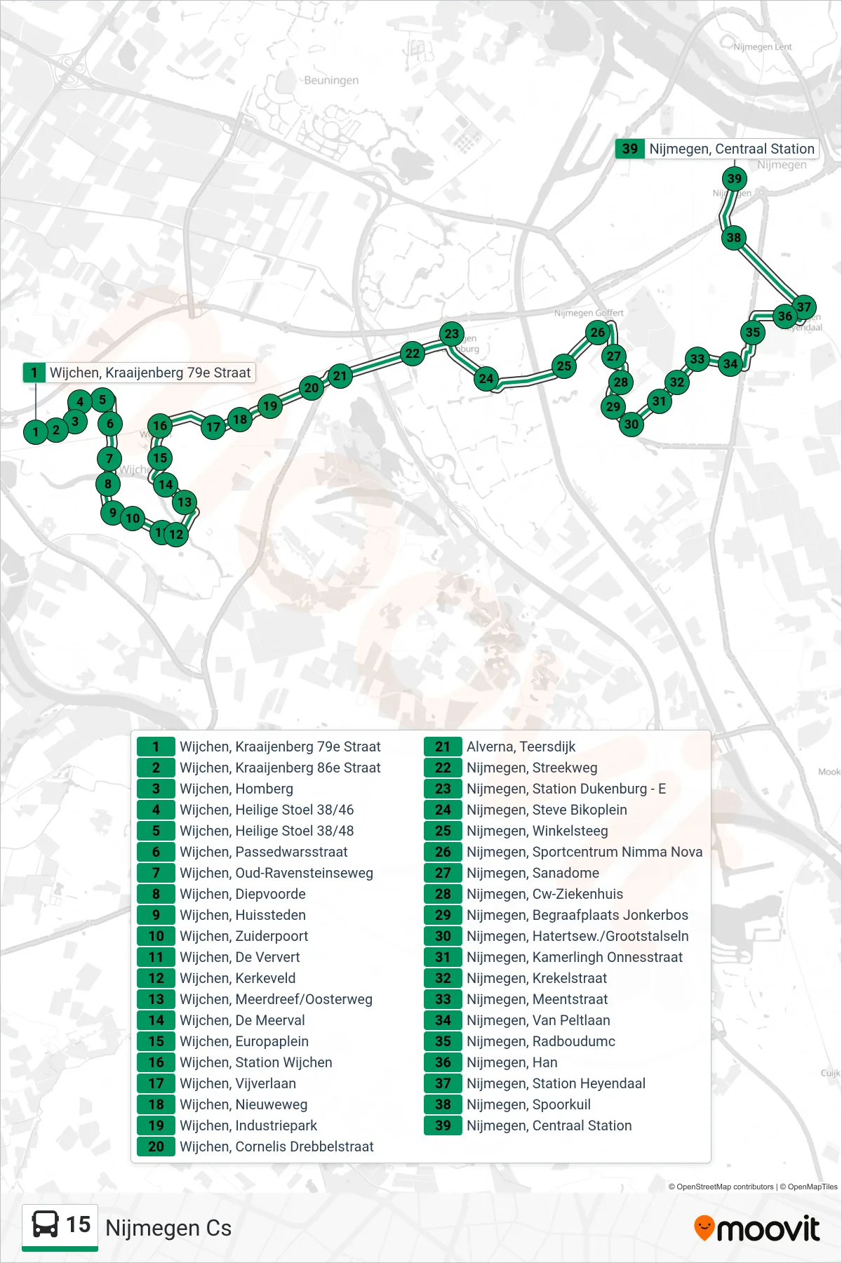 Lijn 15 (bus, Nijmegen Cs): route en haltes op de kaart