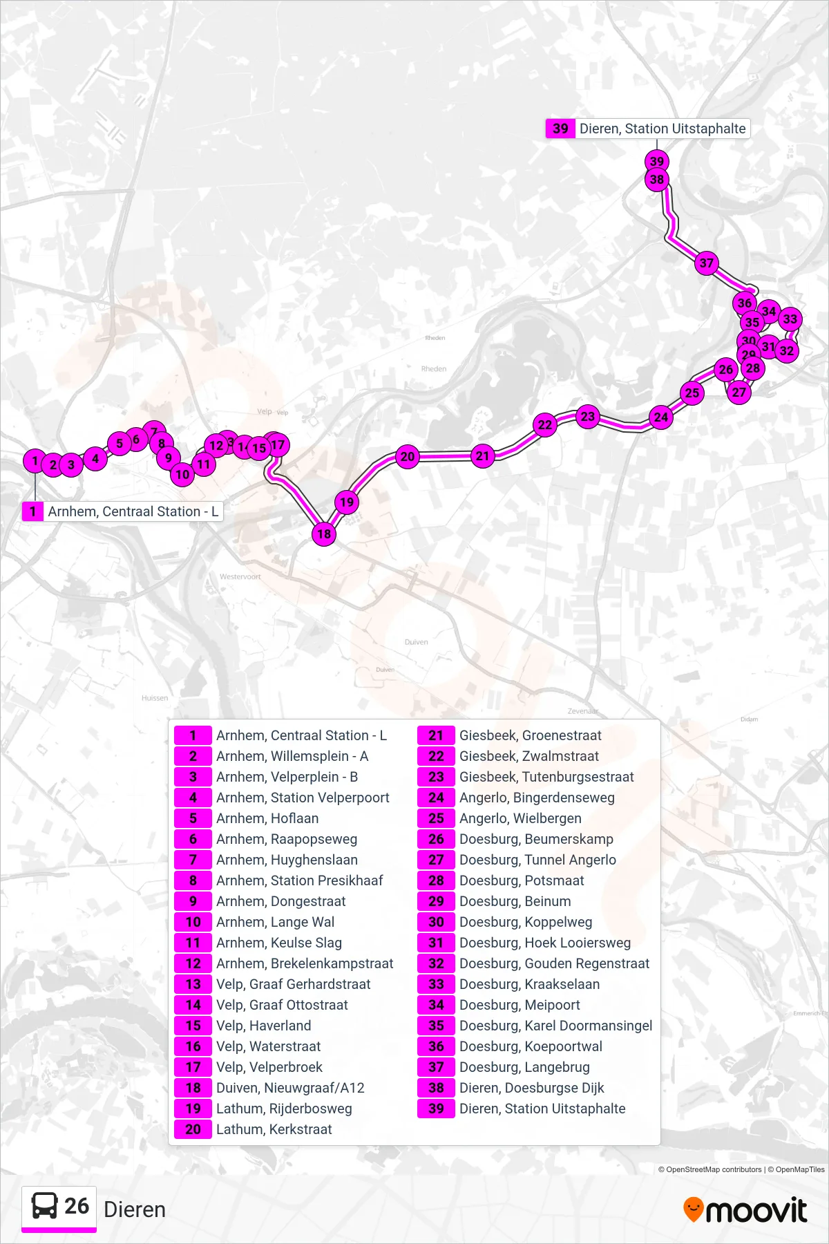 26 bus Line (Dieren) route and stops on a map