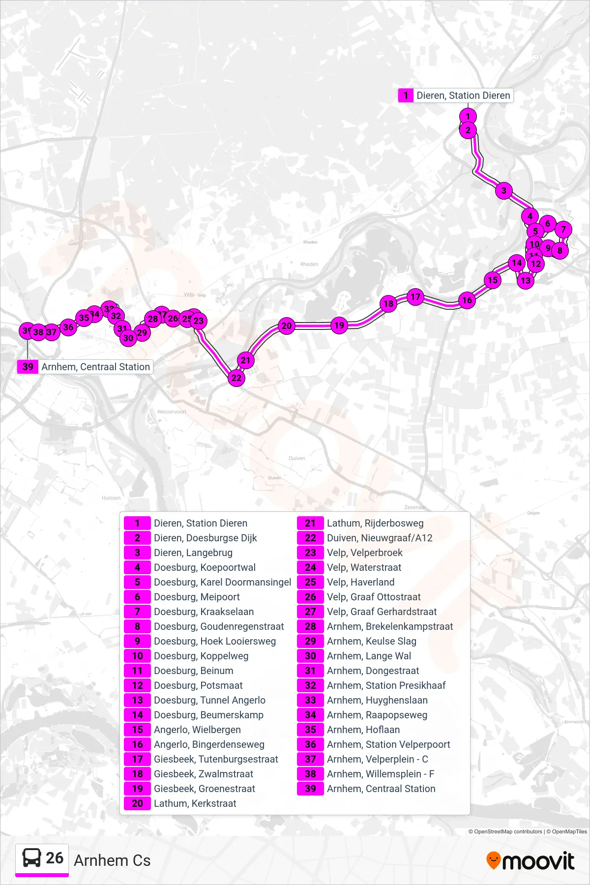 26 bus Line (Arnhem Cs) route and stops on a map