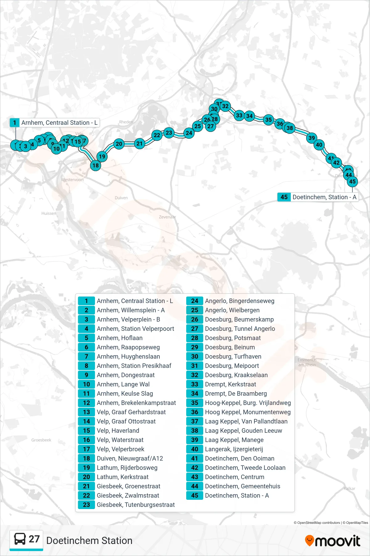 27 bus Line (Doetinchem Station) route and stops on a map