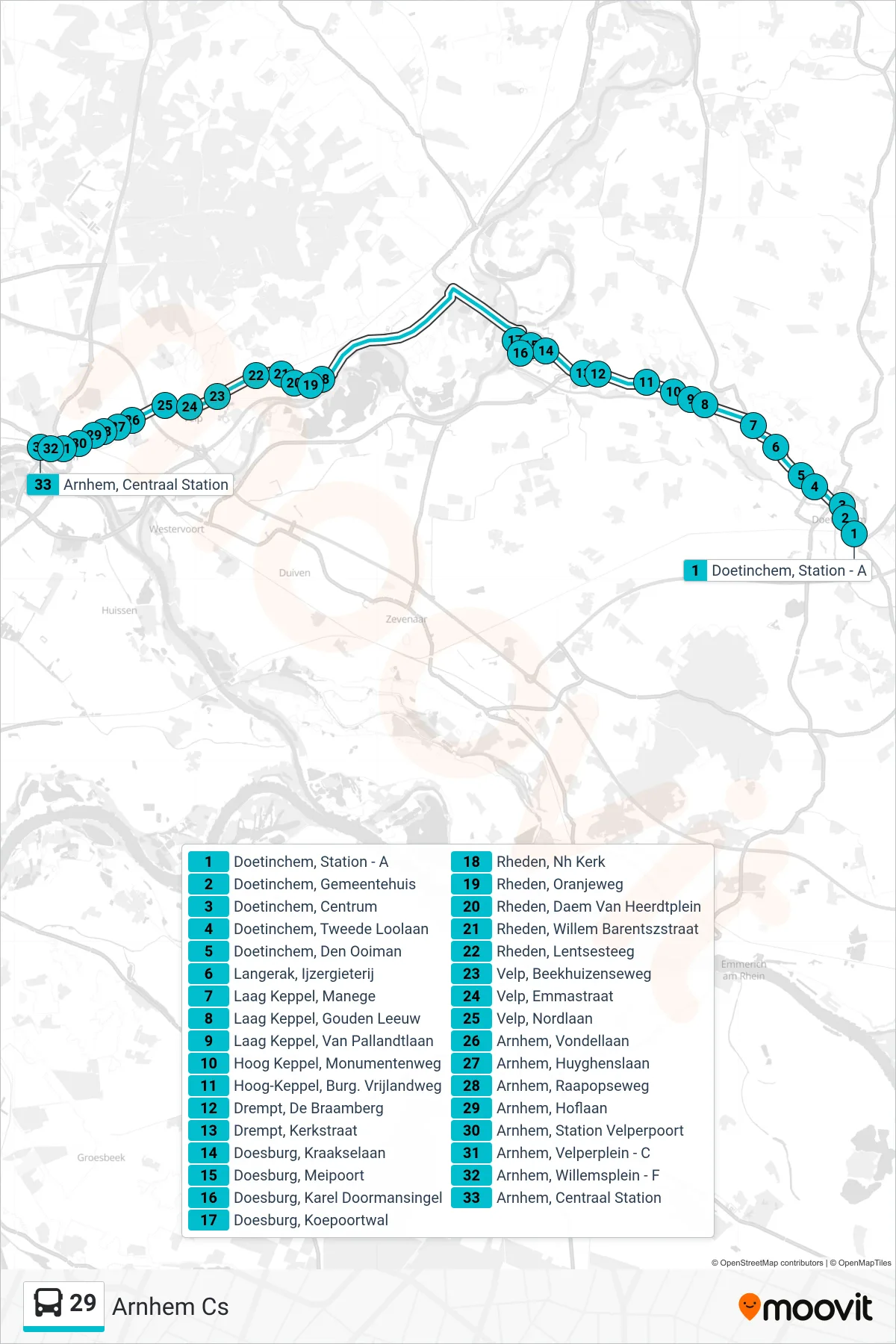 Lijn 29 (bus, Arnhem Cs): route en haltes op de kaart