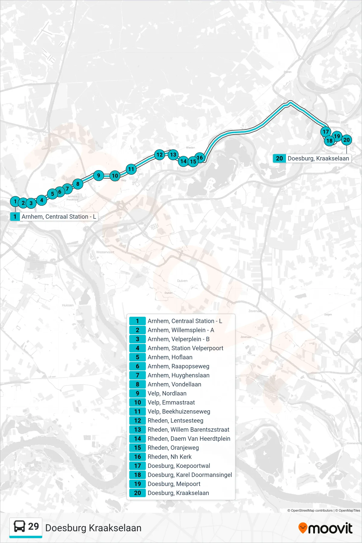 Lijn 29 (bus, Doesburg Kraakselaan): route en haltes op de kaart