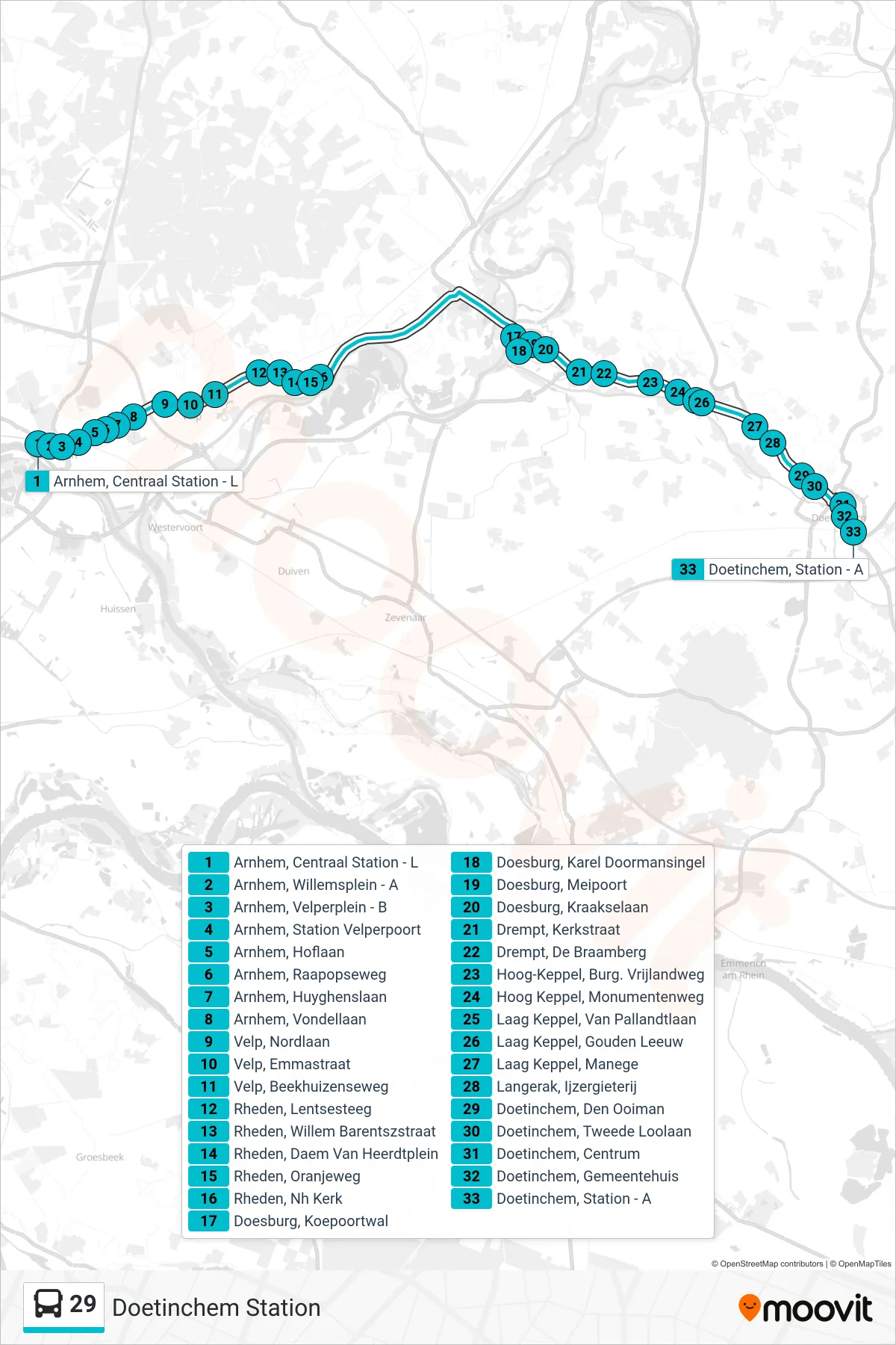 Lijn 29 (bus, Doetinchem Station): route en haltes op de kaart