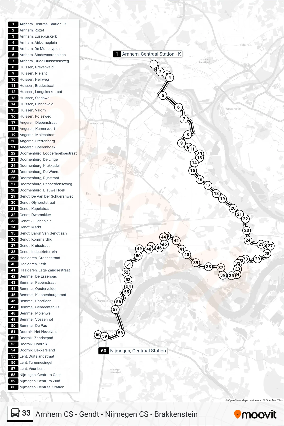 33 bus Line (Nijmegen Cs) route and stops on a map