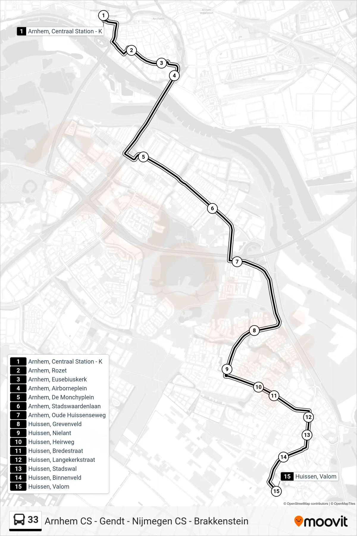 Lijn 33 (bus, Huissen Valom): route en haltes op de kaart