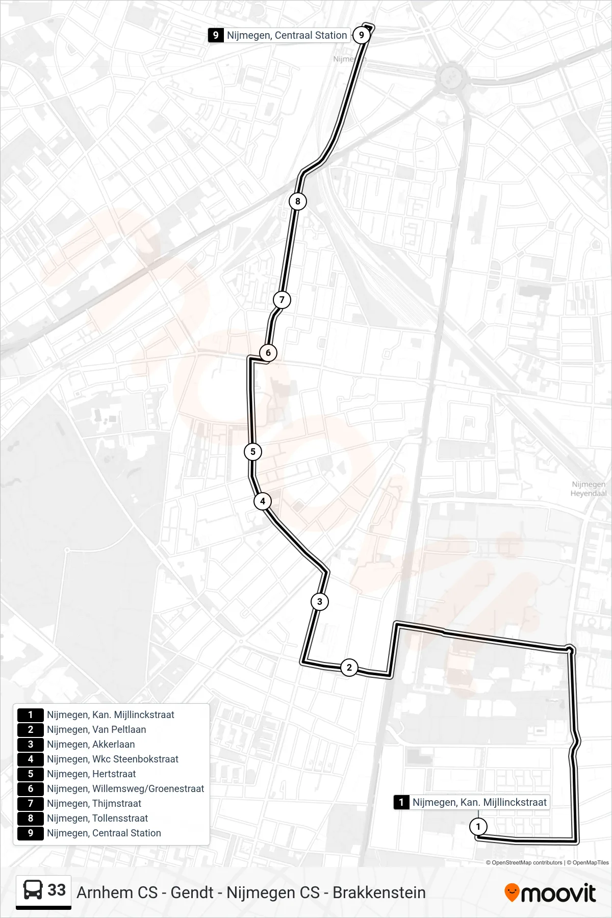 Lijn 33 (bus, Nijmegen Cs): route en haltes op de kaart