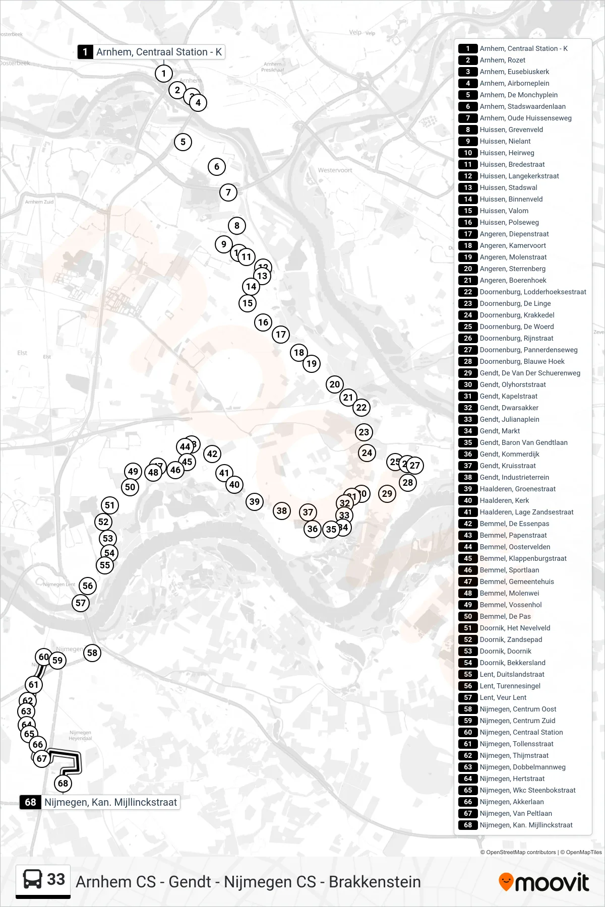 33 bus Line (Nijmegen Brakkenstein) route and stops on a map