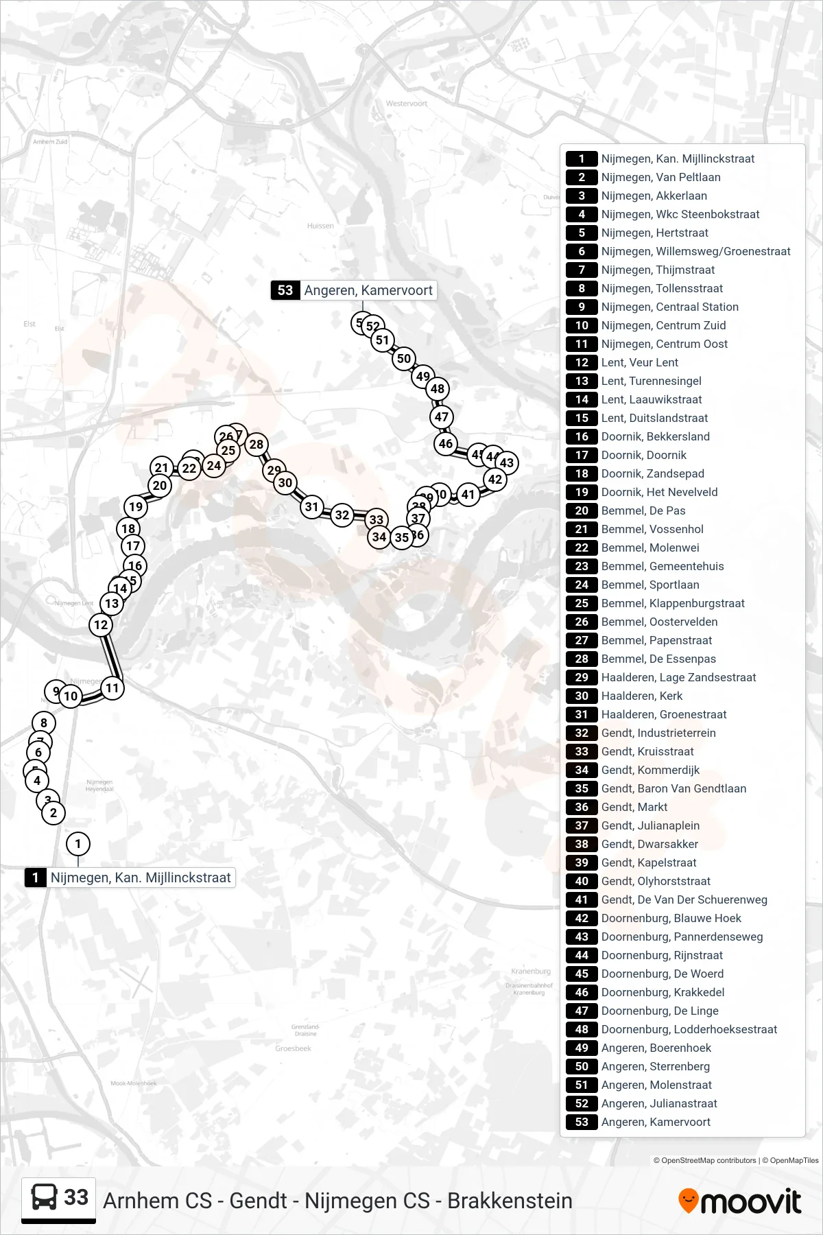 Lijn 33 (bus, Angeren): route en haltes op de kaart
