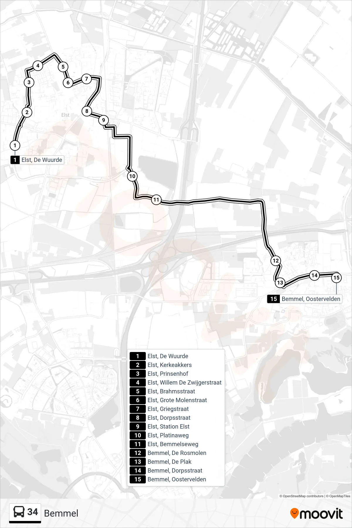 Lijn 34 (bus, Bemmel): route en haltes op de kaart