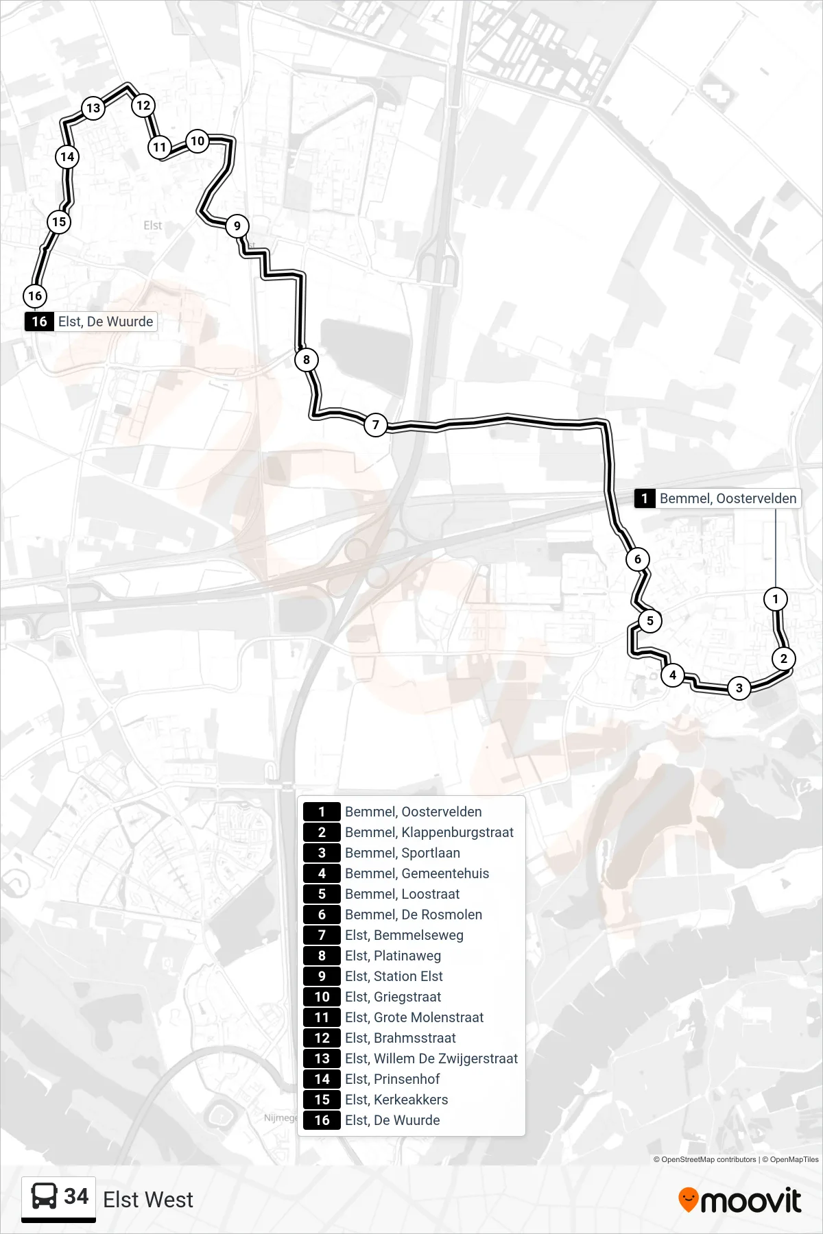Lijn 34 (bus, Elst West): route en haltes op de kaart