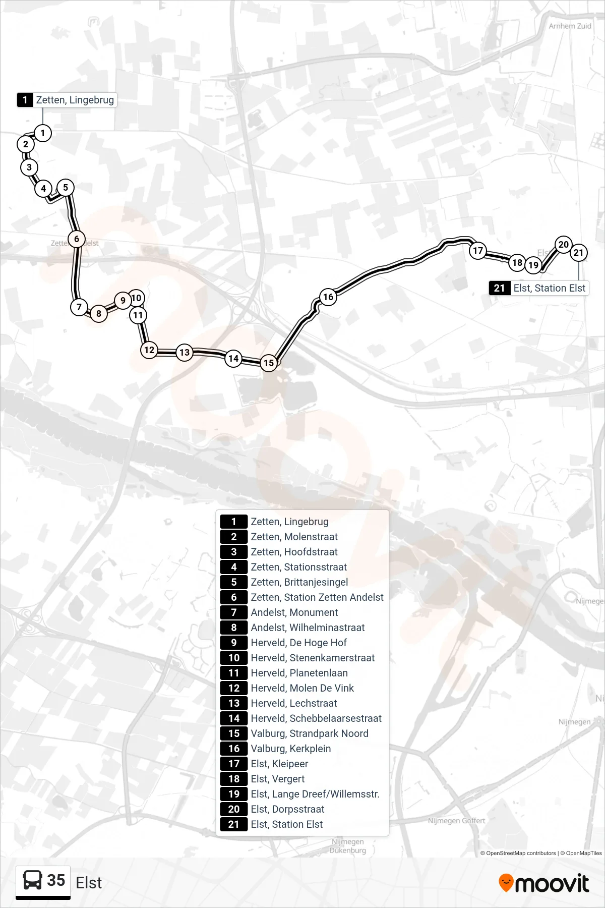 Lijn 35 (bus, Elst): route en haltes op de kaart
