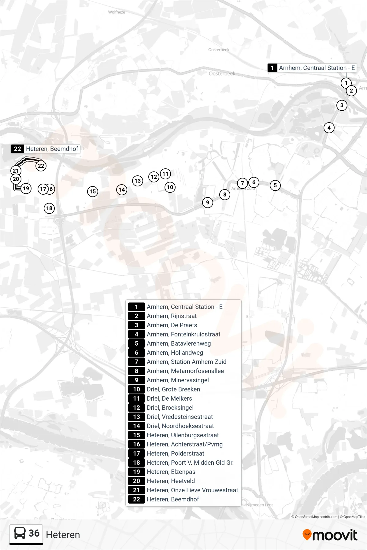 36 bus Line (Heteren) route and stops on a map