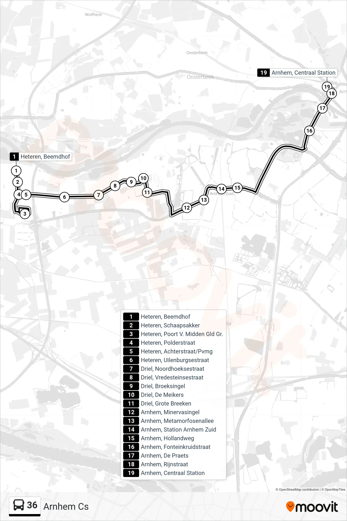 Lijn 36 (bus, Arnhem Cs): route en haltes op de kaart
