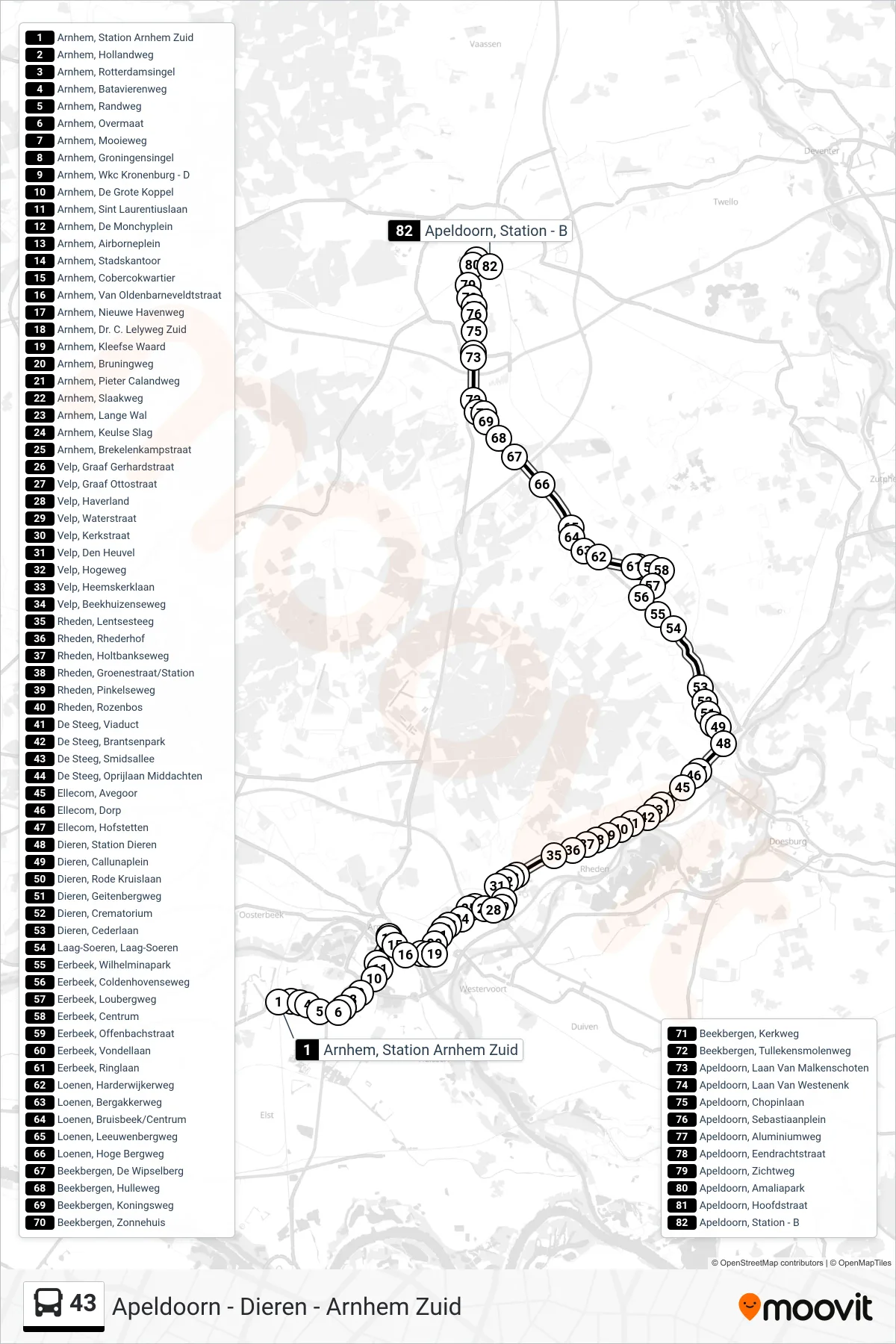 Lijn 43 (bus, Apeldoorn Station): route en haltes op de kaart