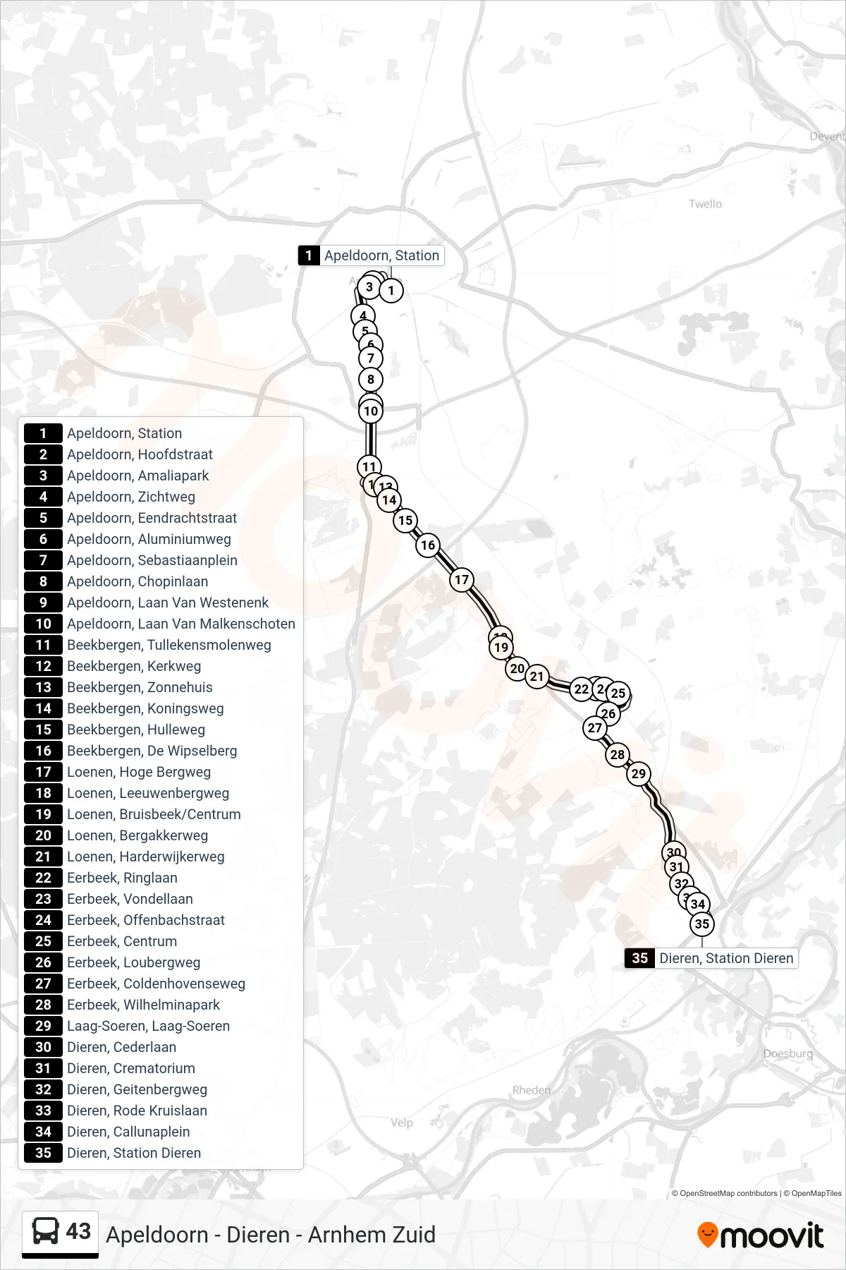 Lijn 43 (bus, Dieren): route en haltes op de kaart
