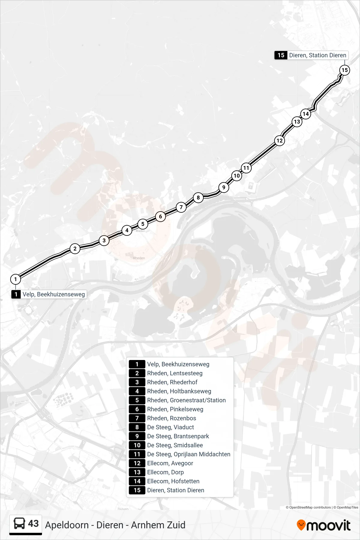 Lijn 43 (bus, Dieren): route en haltes op de kaart