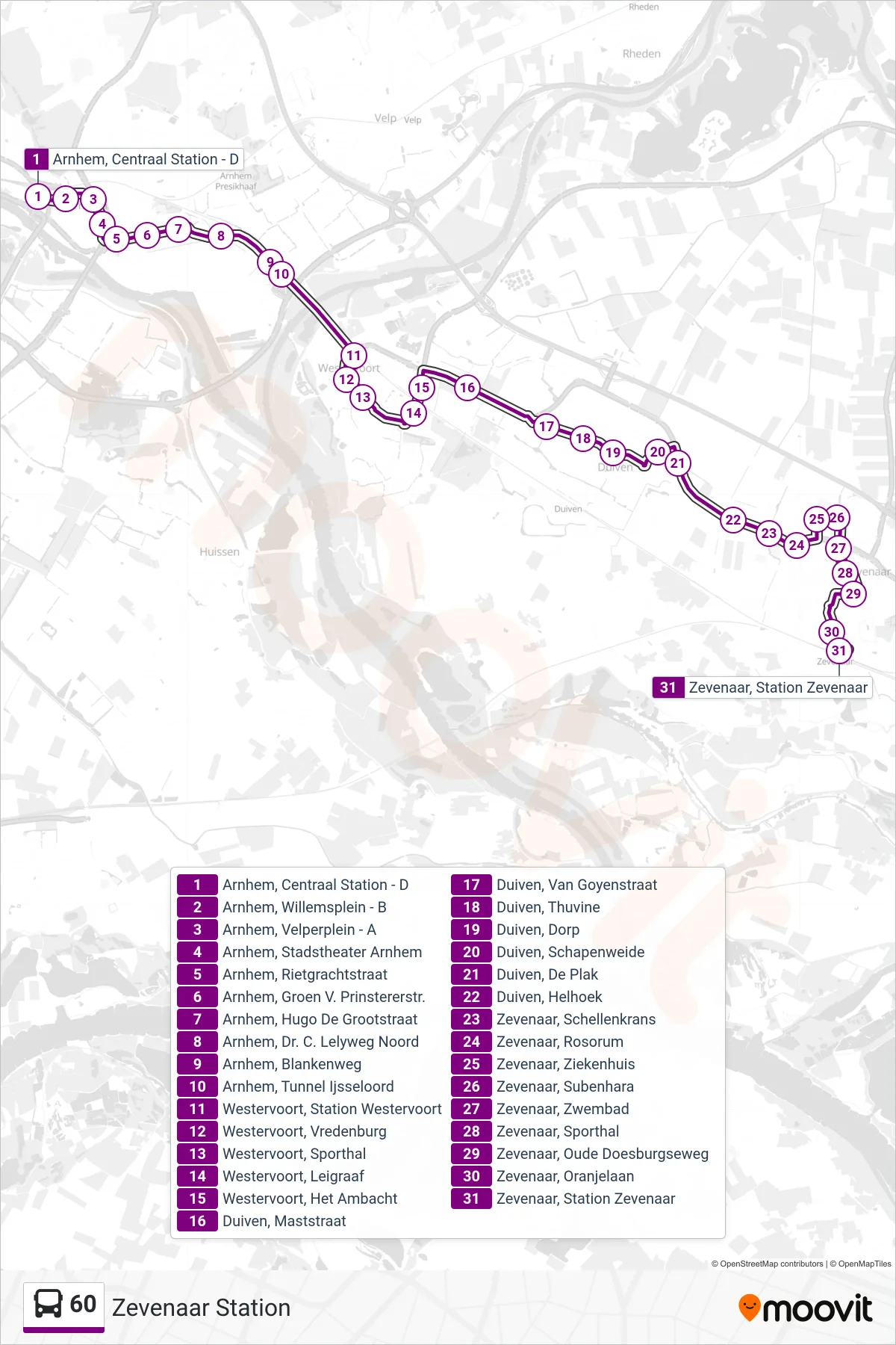 60 bus Line (Zevenaar Station) route and stops on a map