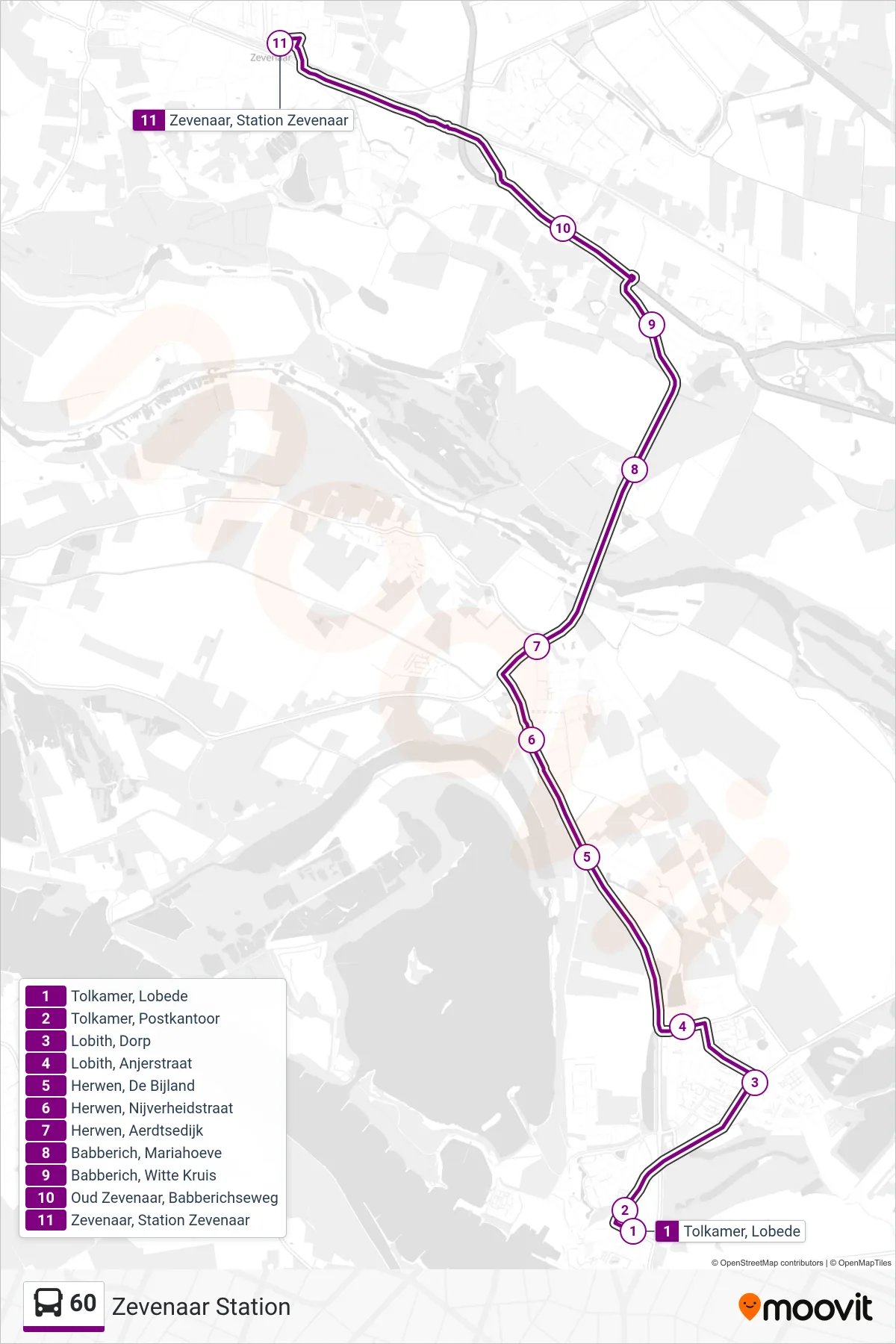 Lijn 60 (bus, Zevenaar Station): route en haltes op de kaart