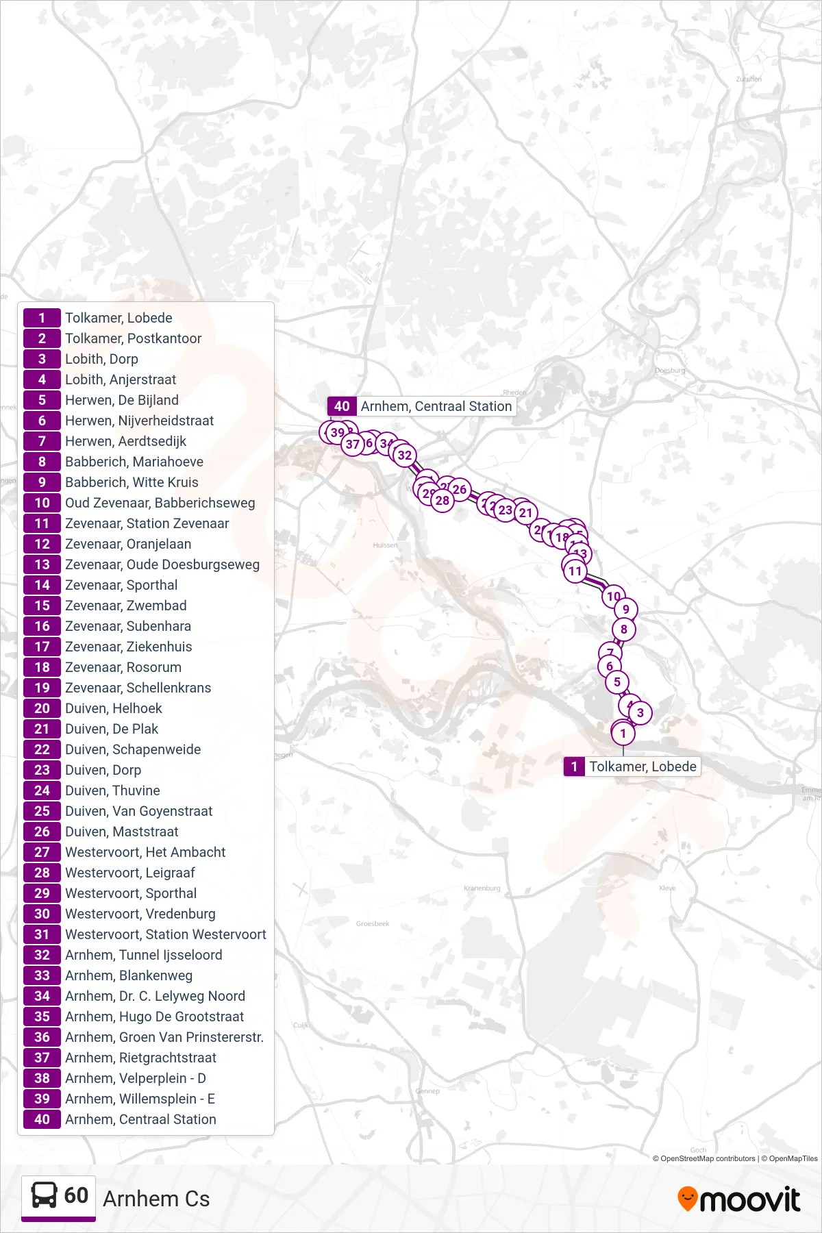 Lijn 60 (bus, Arnhem Cs): route en haltes op de kaart