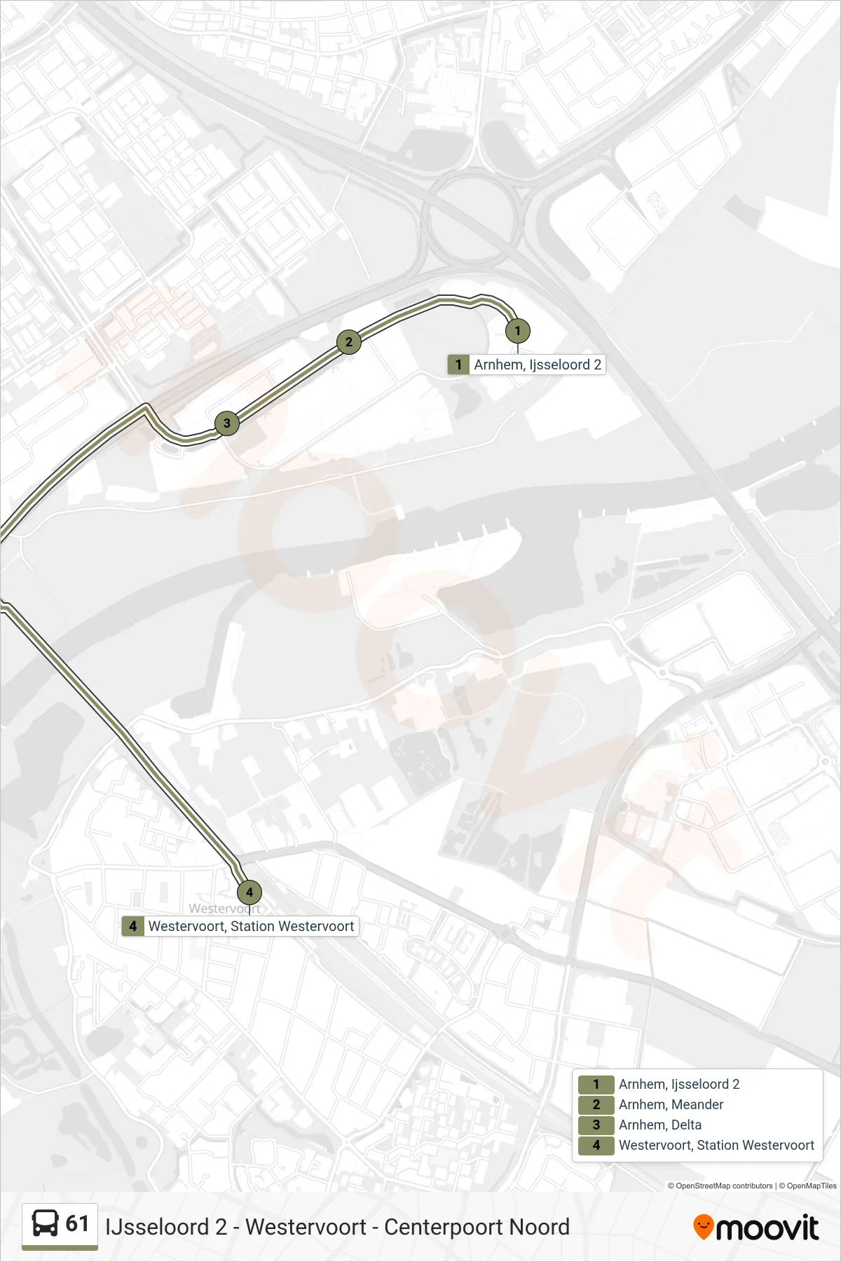 Lijn 61 (bus, Westervoort Station): route en haltes op de kaart