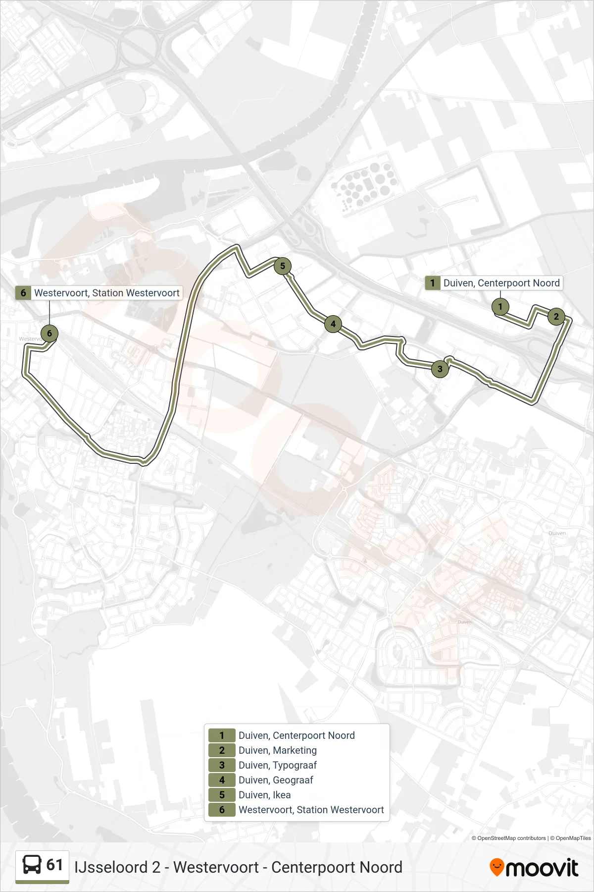 Lijn 61 (bus, Westervoort Station): route en haltes op de kaart