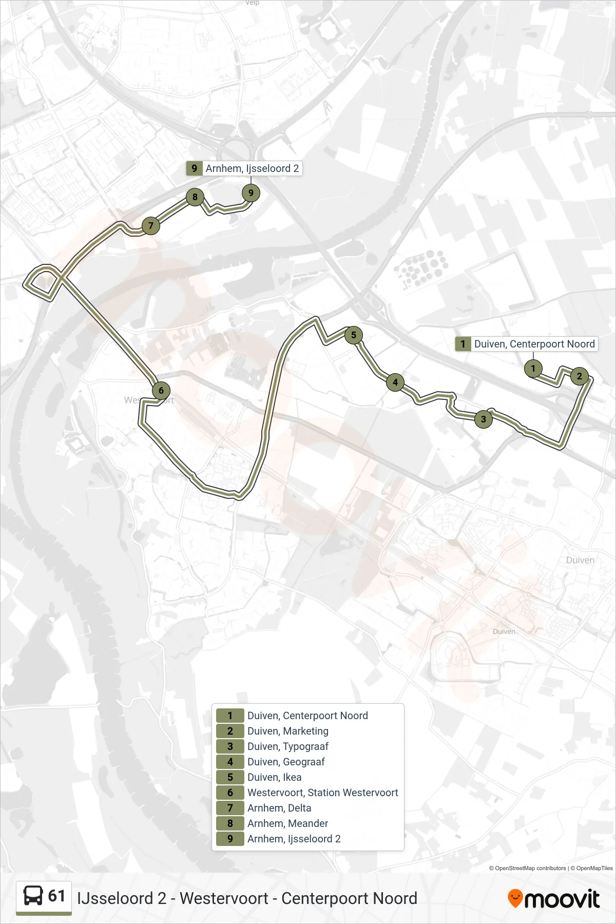 61 bus Line (Ijsseloord 2) route and stops on a map