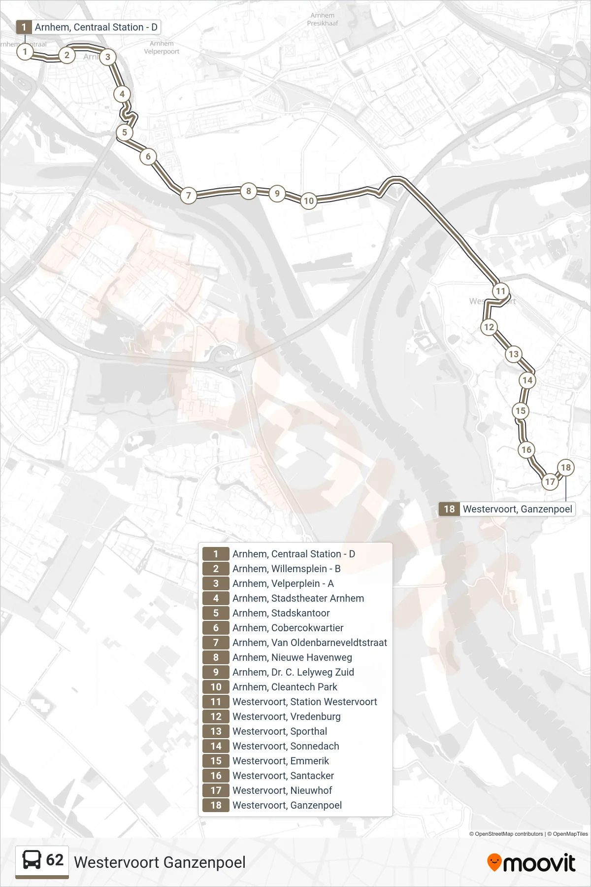 Lijn 62 (bus, Westervoort Ganzenpoel): route en haltes op de kaart