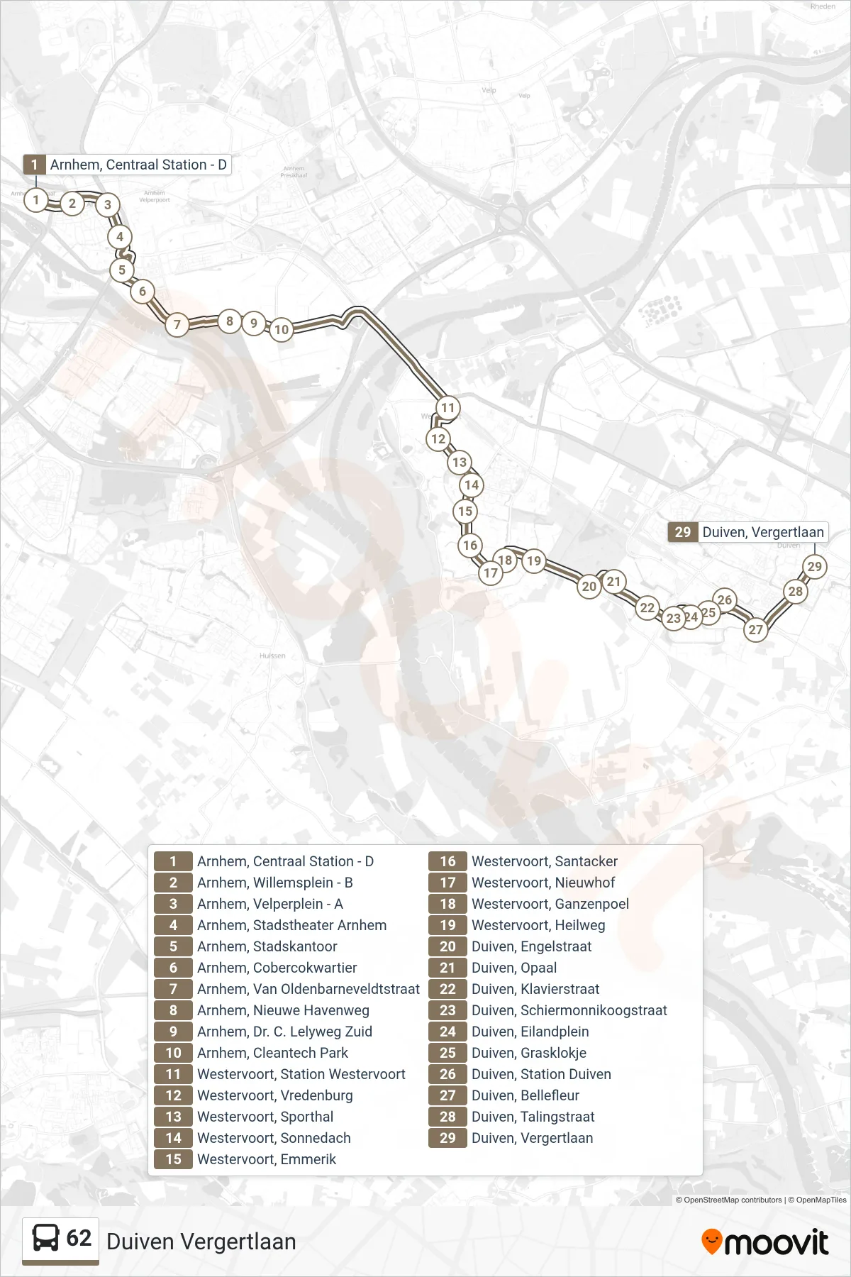 Lijn 62 (bus, Duiven Vergertlaan): route en haltes op de kaart