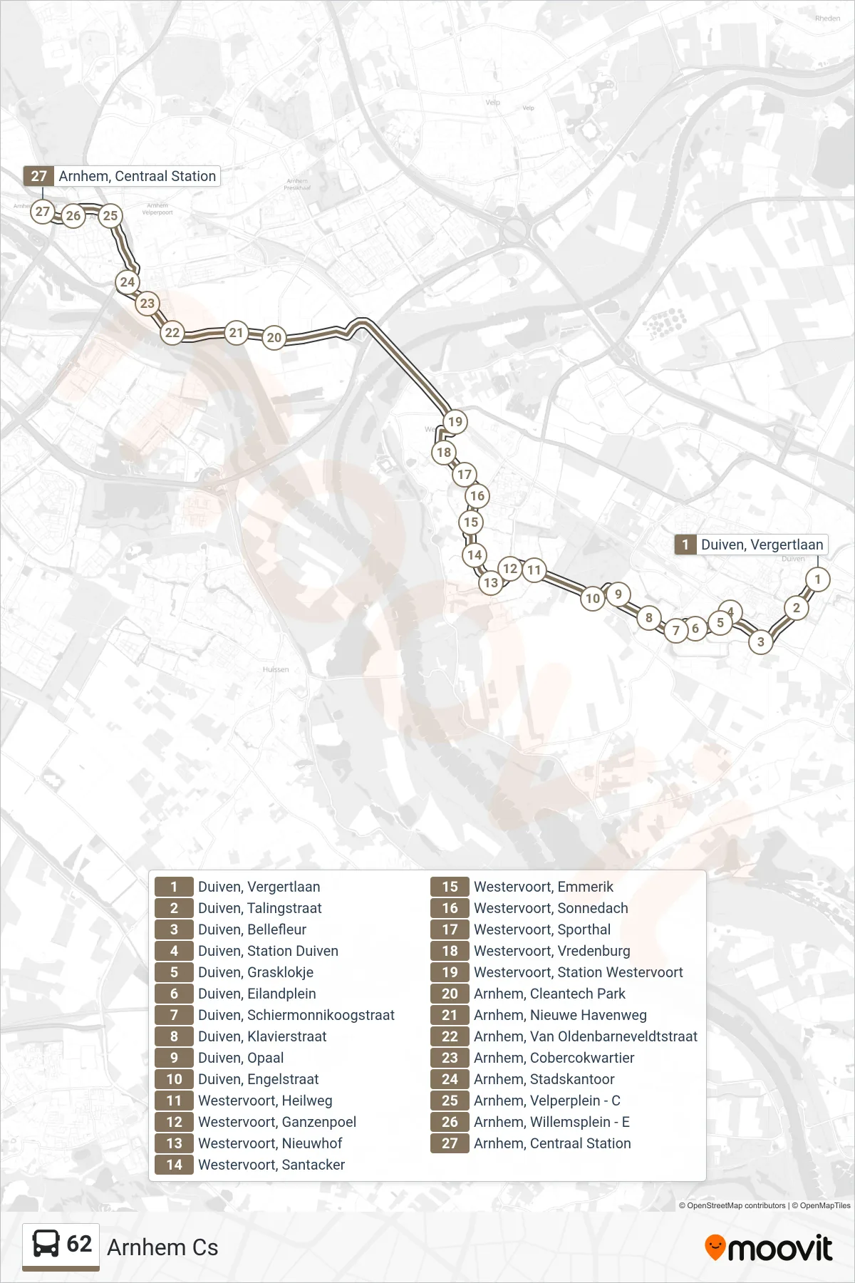 Lijn 62 (bus, Arnhem Cs): route en haltes op de kaart