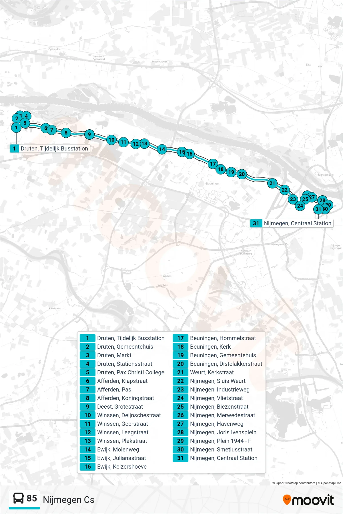 85 bus Line (Nijmegen Cs) route and stops on a map