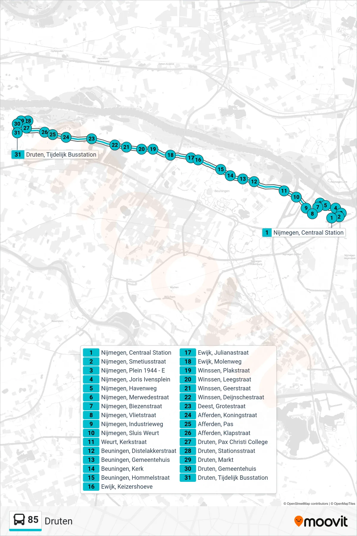 Lijn 85 (bus, Druten): route en haltes op de kaart