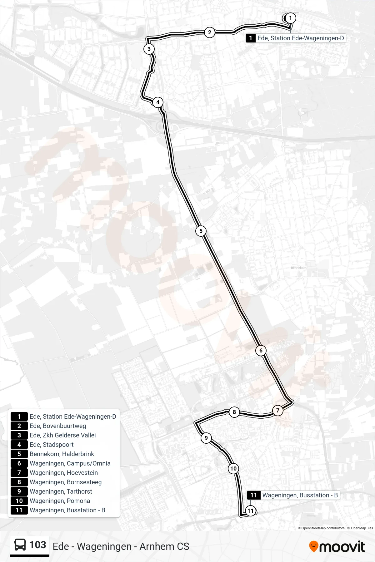 Lijn 103 (bus, Wageningen): route en haltes op de kaart