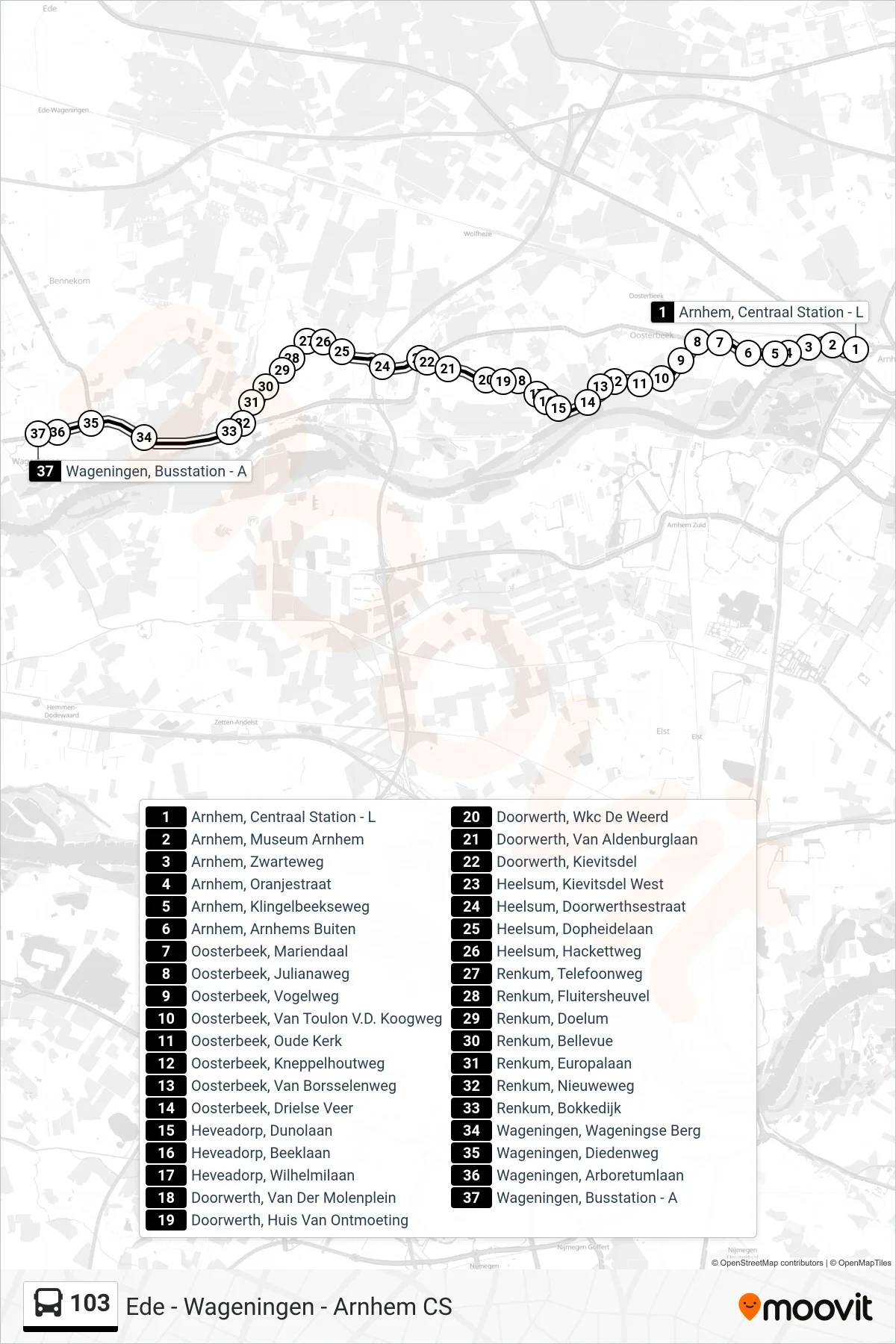 Lijn 103 (bus, Wageningen): route en haltes op de kaart