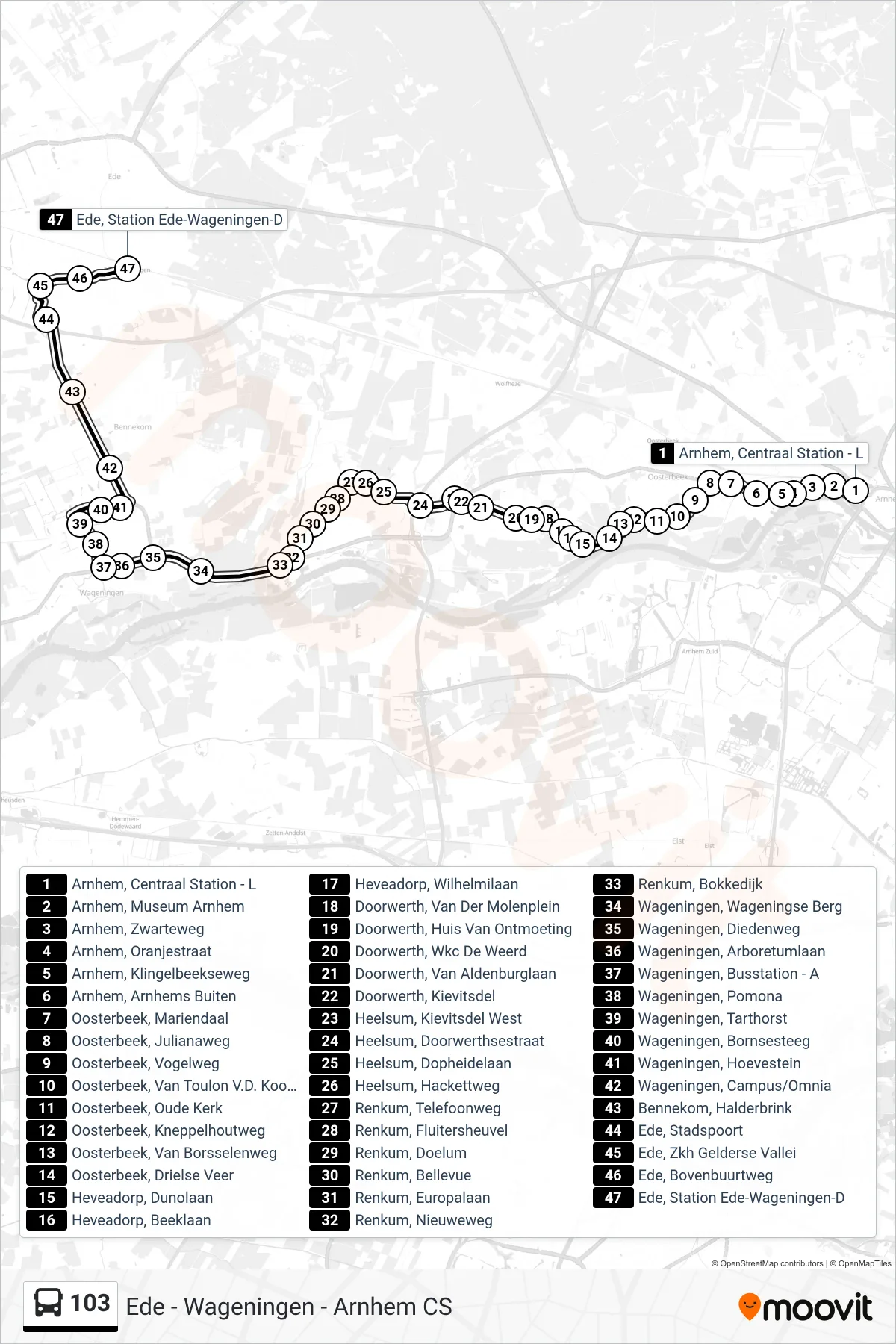 Lijn 103 (bus, Ede Station): route en haltes op de kaart