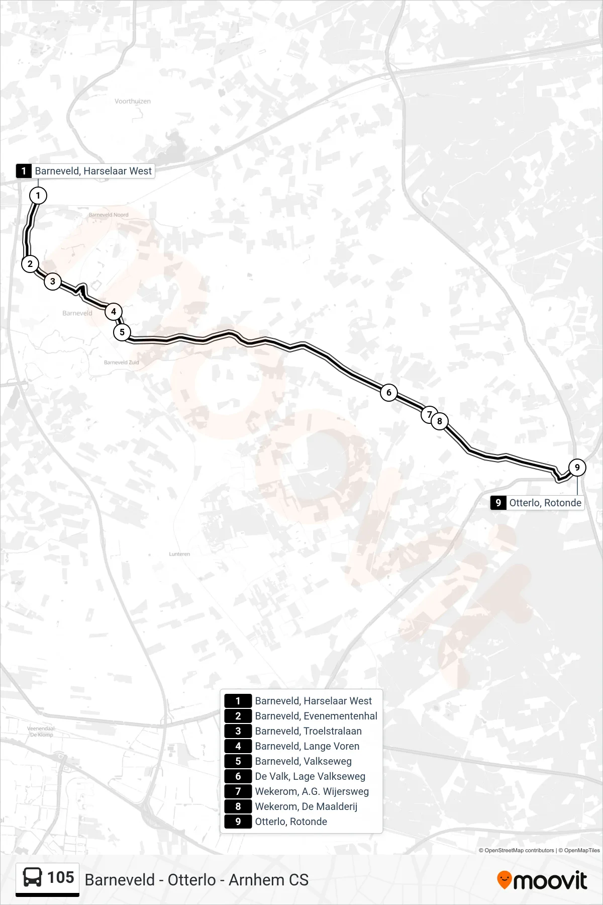 Lijn 105 (bus, Otterlo Rotonde): route en haltes op de kaart