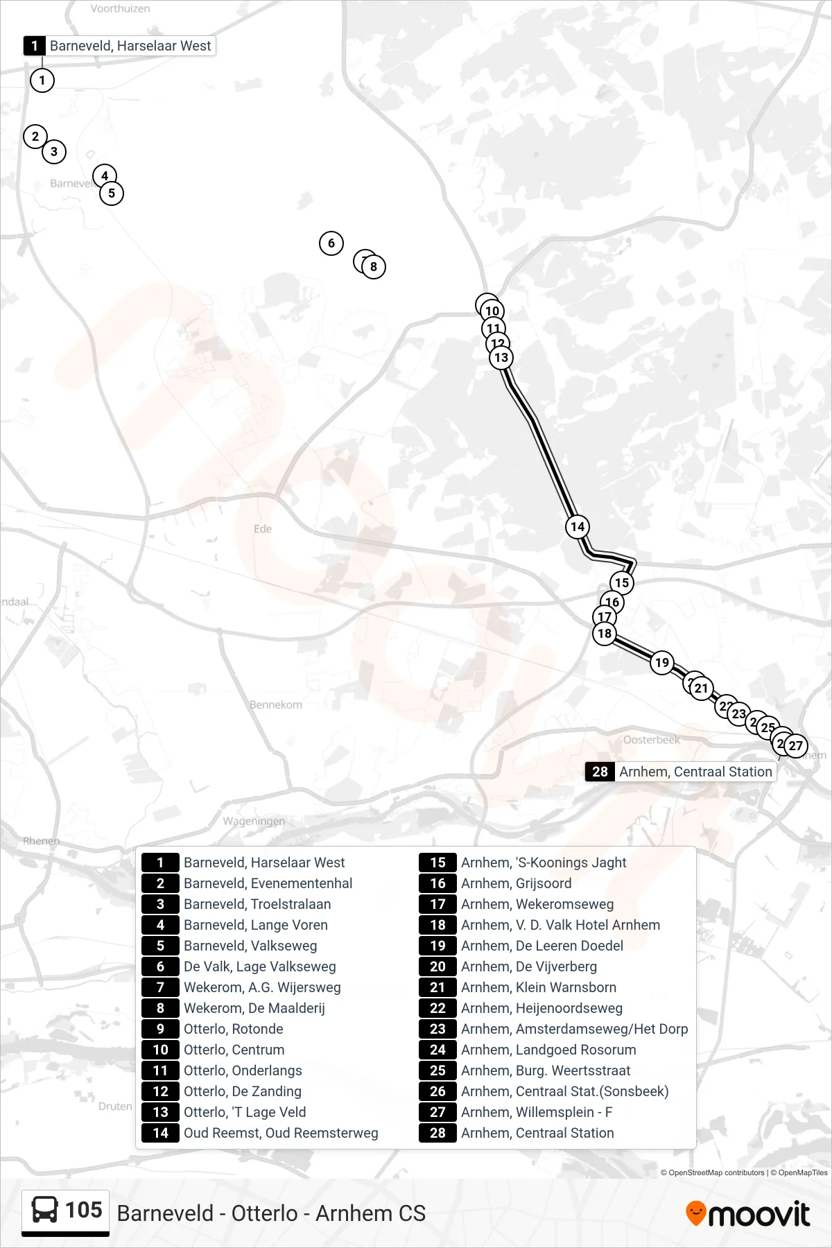 105 bus Line (Arnhem Cs) route and stops on a map