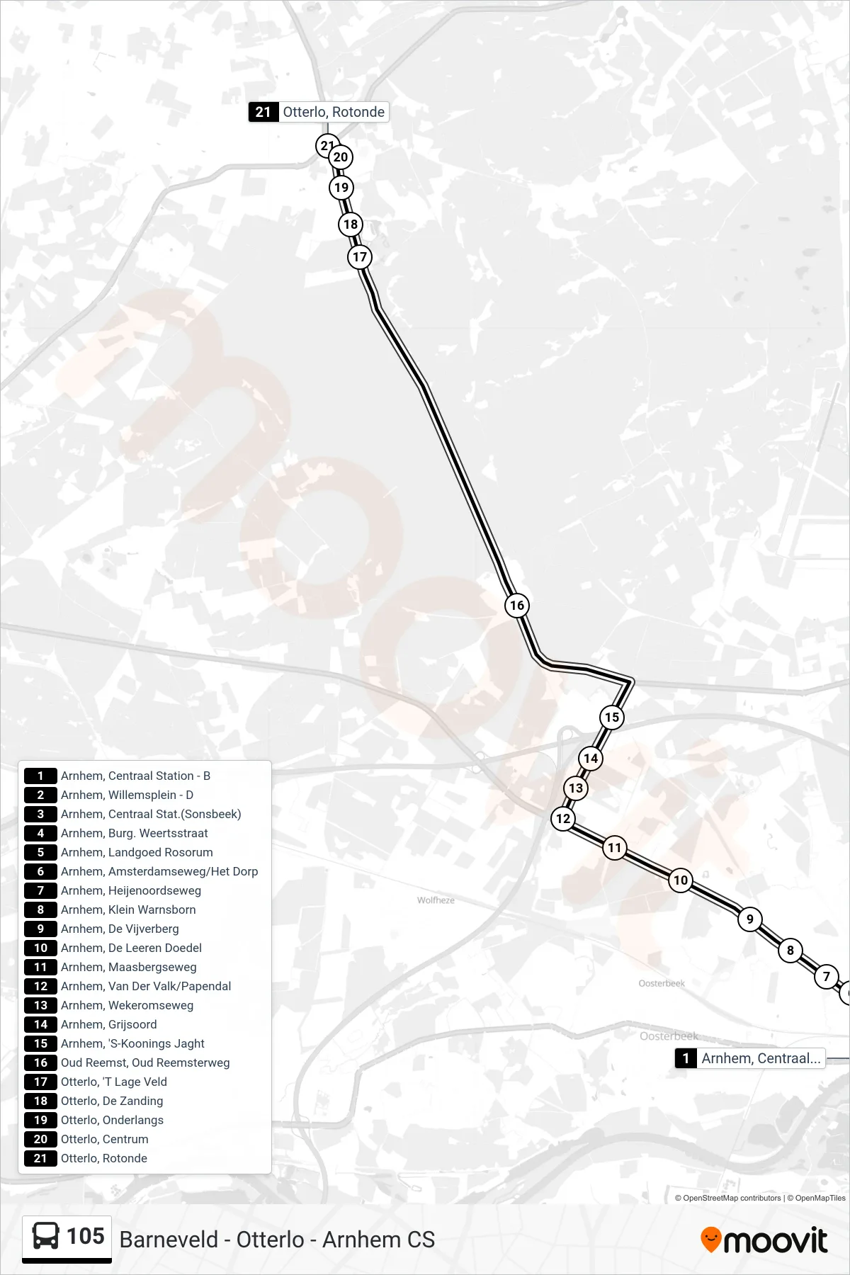 105 bus Line (Otterlo Rotonde) route and stops on a map