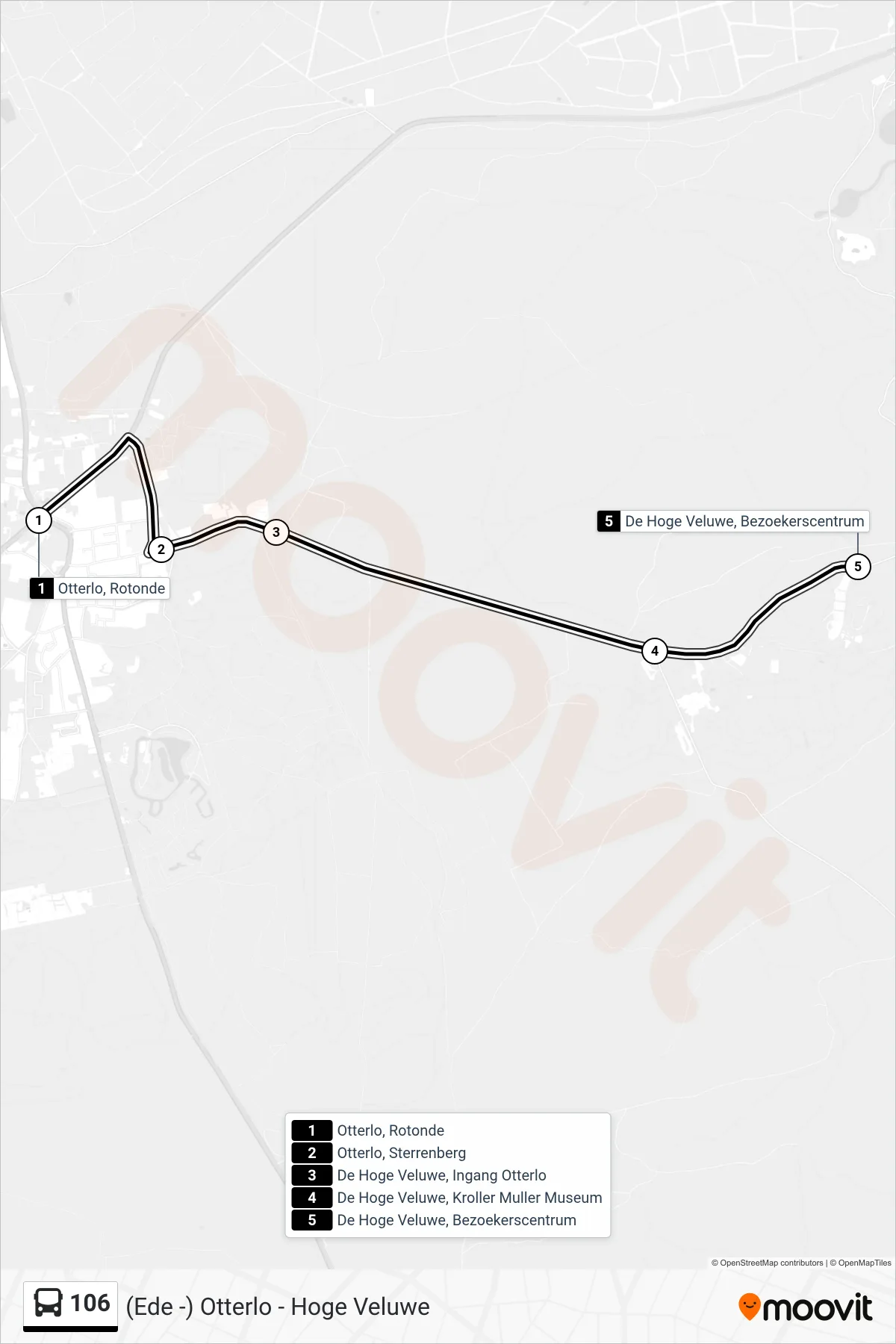 106 bus Line (Park De Hoge Veluwe) route and stops on a map