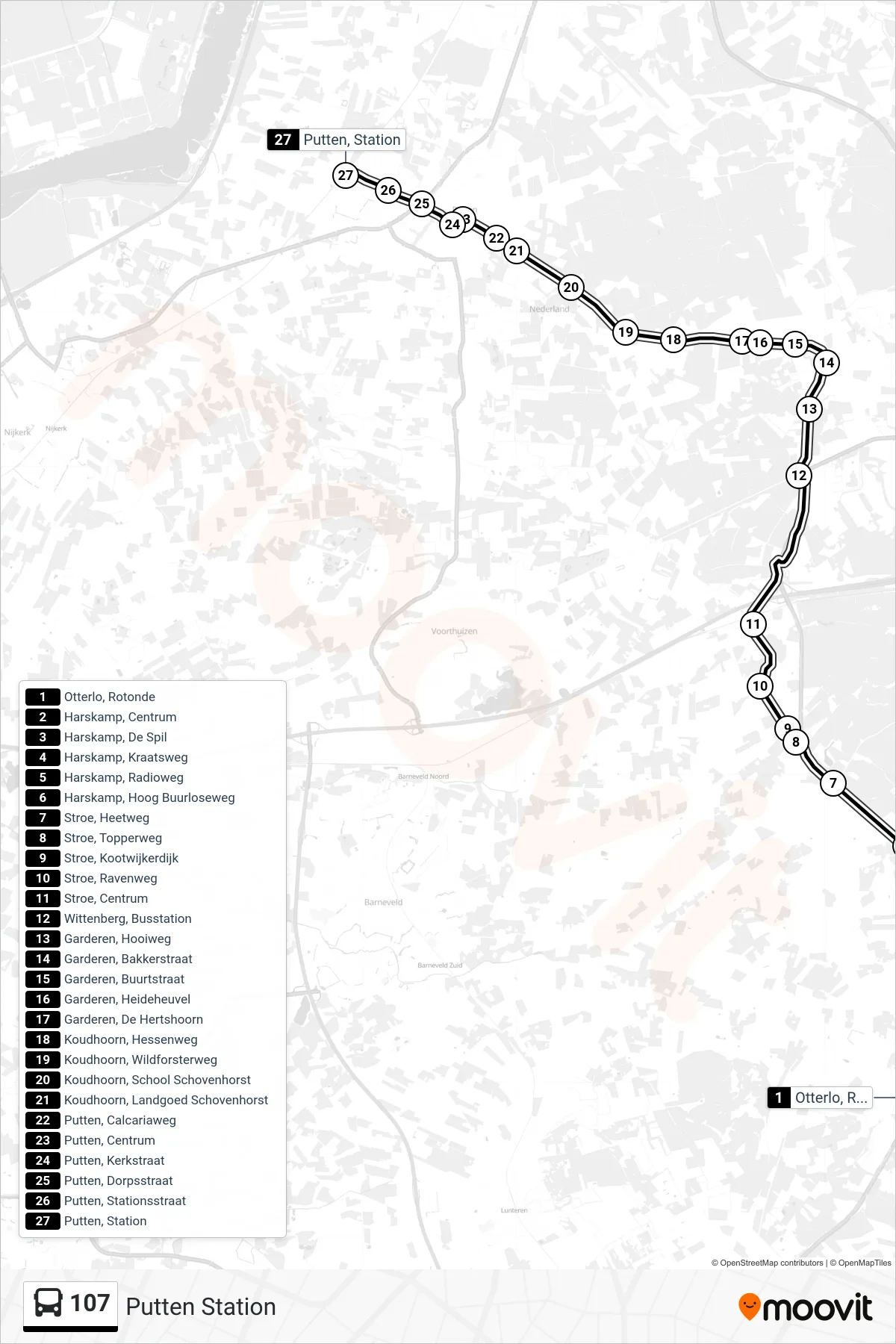 107 bus Line (Putten Station) route and stops on a map