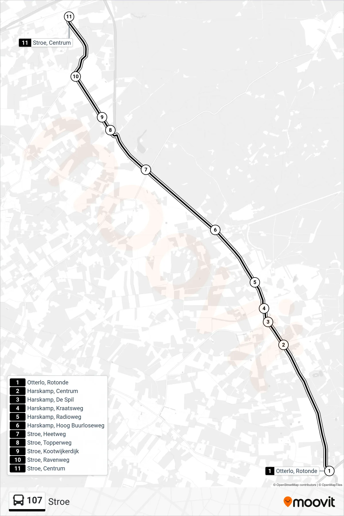 Lijn 107 (bus, Stroe): route en haltes op de kaart
