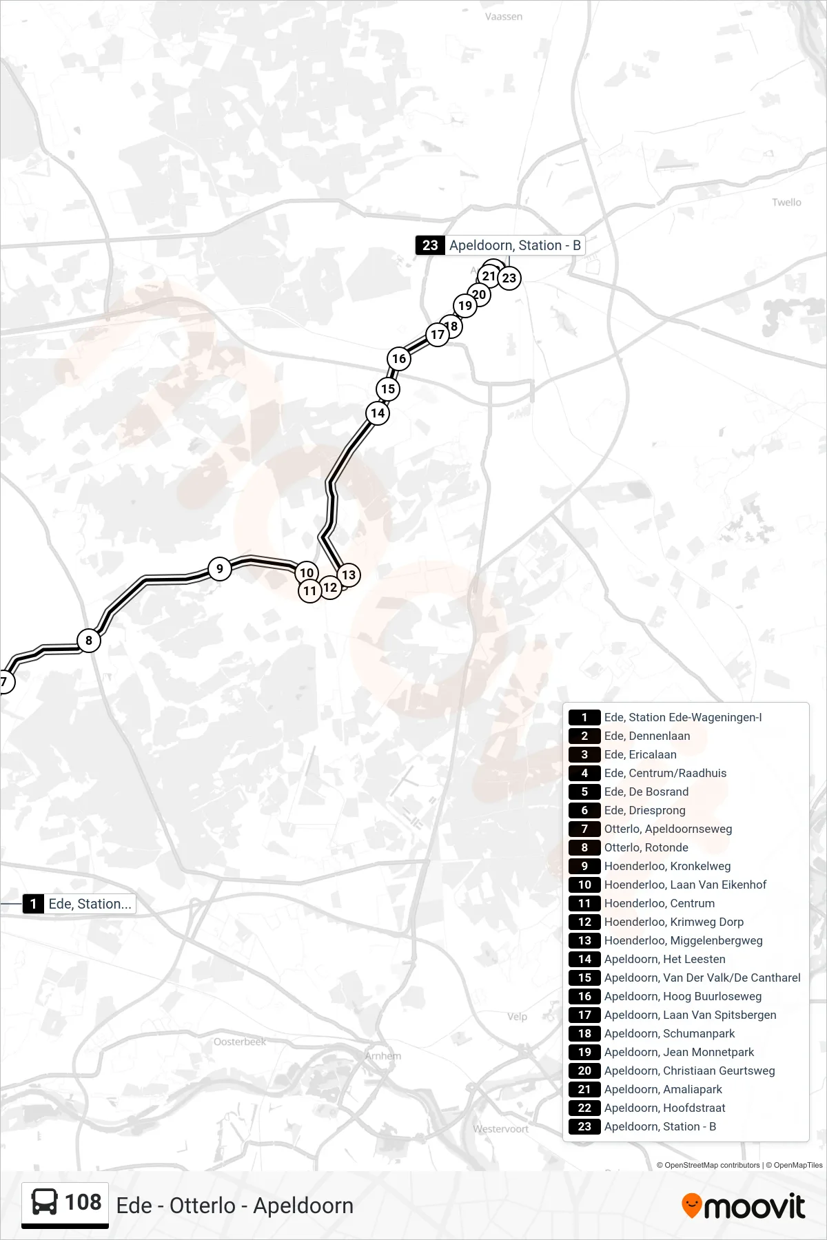 108 bus Line (Apeldoorn Station) route and stops on a map