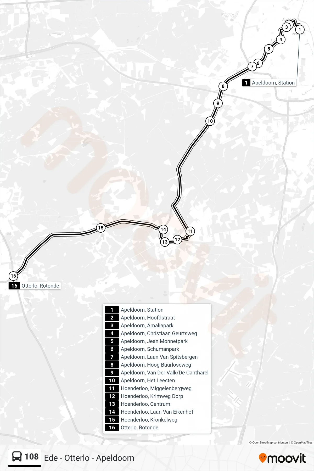 Lijn 108 (bus, Otterlo Rotonde): route en haltes op de kaart